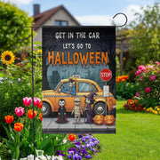 Get In The Car Let's Go To Halloween" Garden Flag, Spooky Taxi Yard Decor, Funny Monster Halloween Banner, Outdoor Seasonal Art