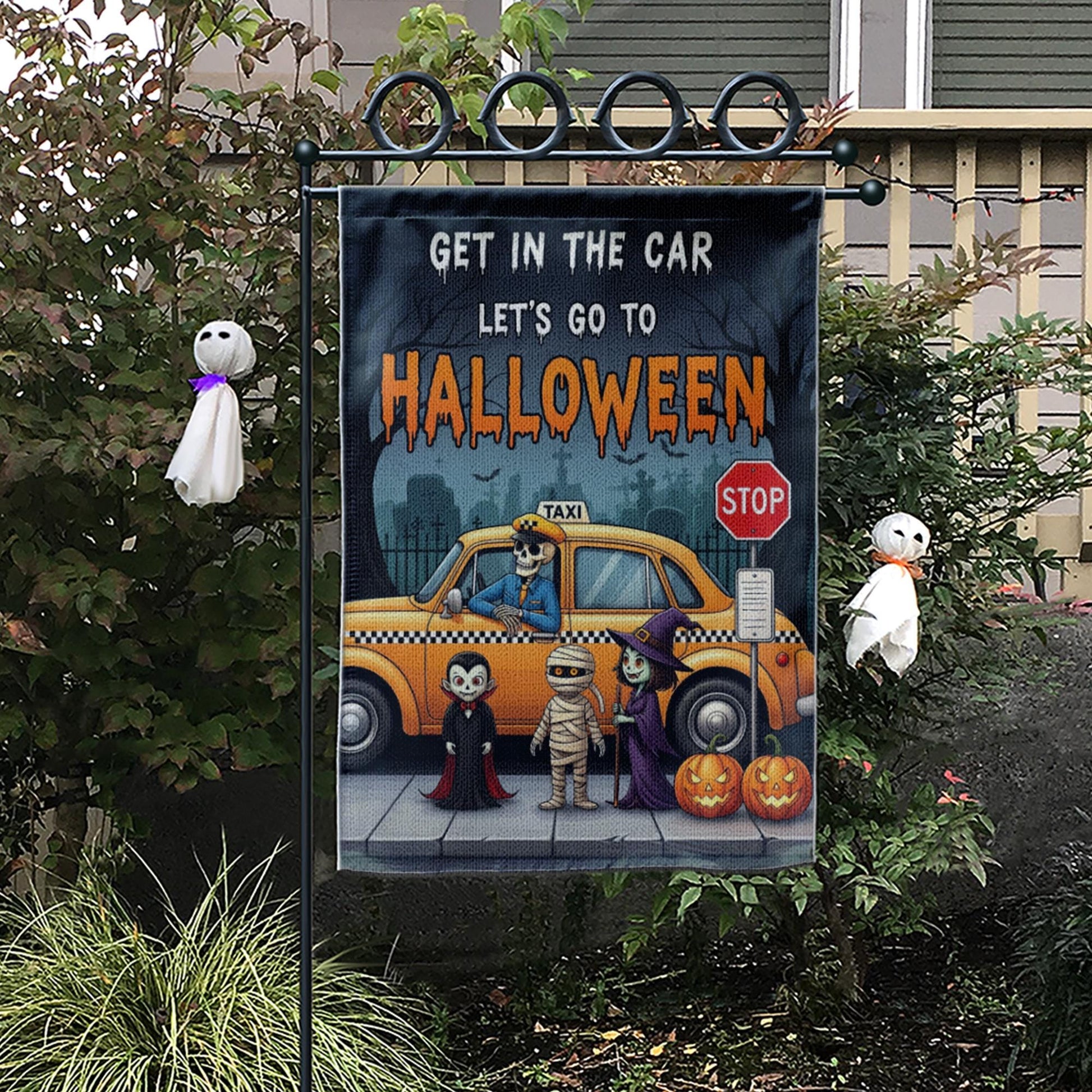 Get In The Car Let's Go To Halloween" Garden Flag, Spooky Taxi Yard Decor, Funny Monster Halloween Banner, Outdoor Seasonal Art