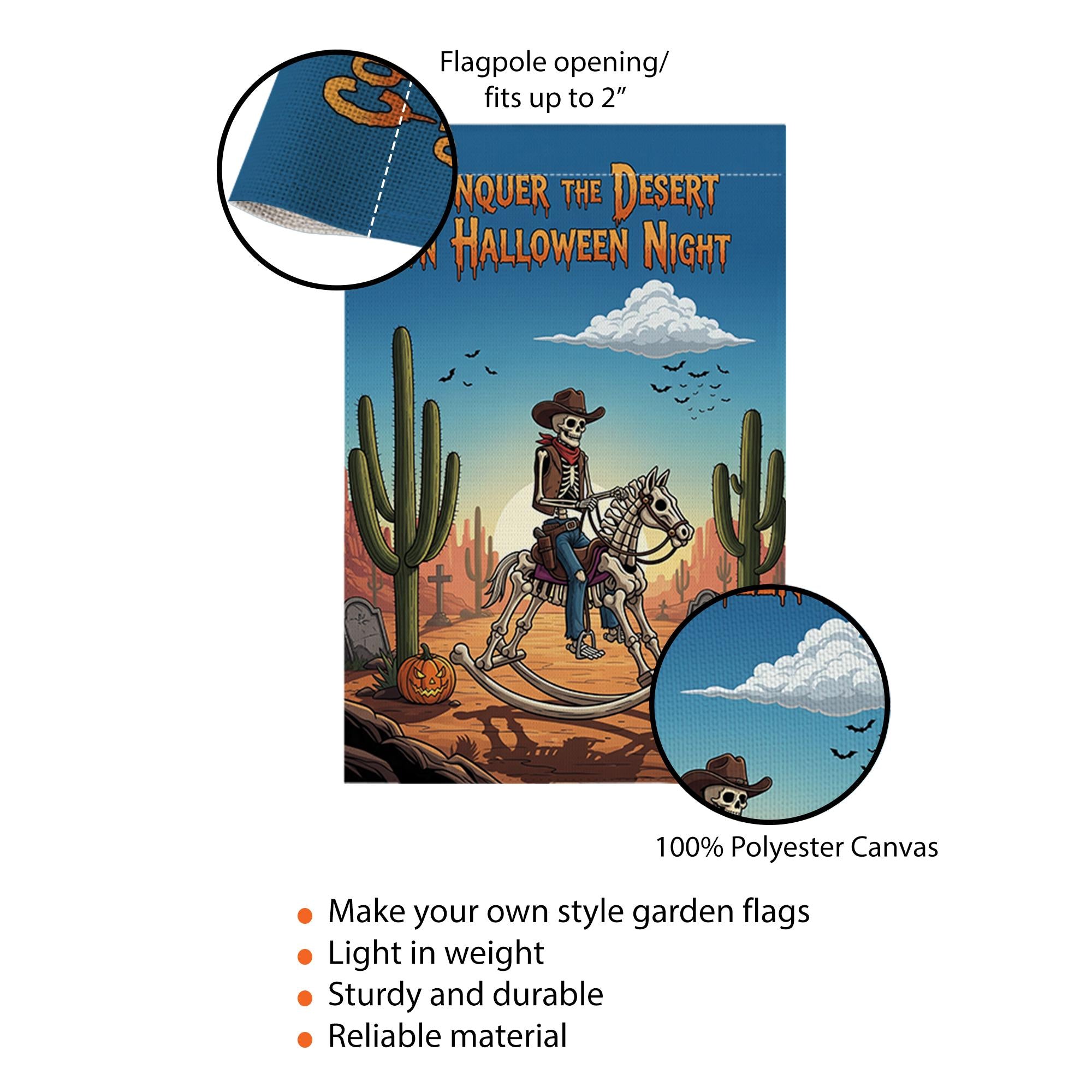 Conquer Desert Halloween Night" Garden Flag, Skeleton Cowboy Yard Decor, Spooky Western Outdoor Banner, Unique Fall Flag