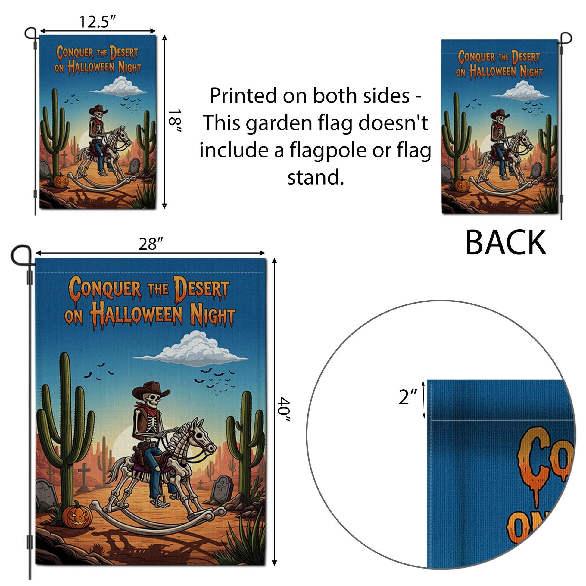 Conquer Desert Halloween Night" Garden Flag, Skeleton Cowboy Yard Decor, Spooky Western Outdoor Banner, Unique Fall Flag