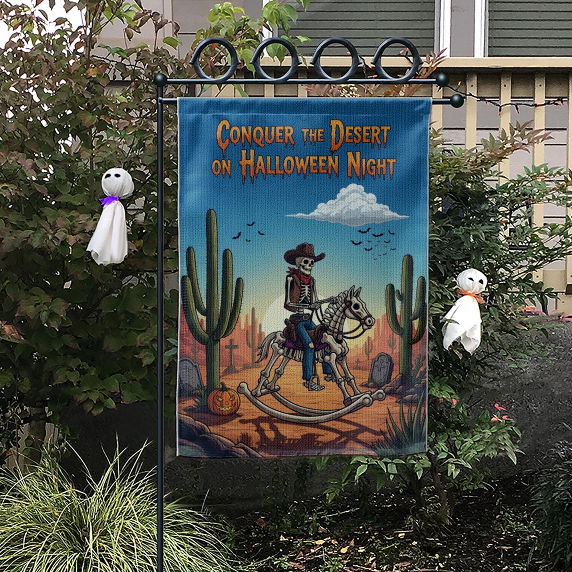 Conquer Desert Halloween Night" Garden Flag, Skeleton Cowboy Yard Decor, Spooky Western Outdoor Banner, Unique Fall Flag