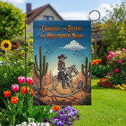 Conquer Desert Halloween Night" Garden Flag, Skeleton Cowboy Yard Decor, Spooky Western Outdoor Banner, Unique Fall Flag