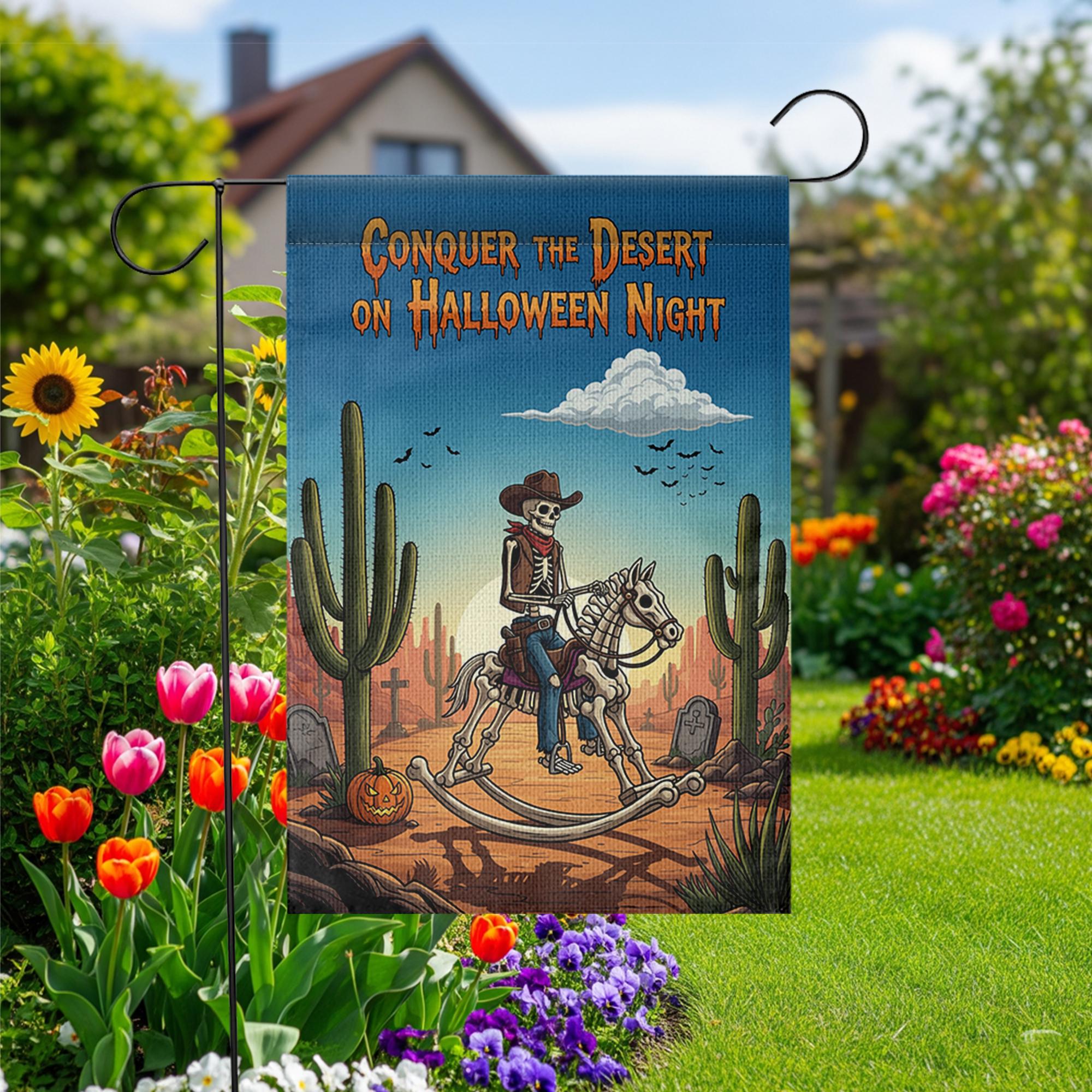 Conquer Desert Halloween Night" Garden Flag, Skeleton Cowboy Yard Decor, Spooky Western Outdoor Banner, Unique Fall Flag