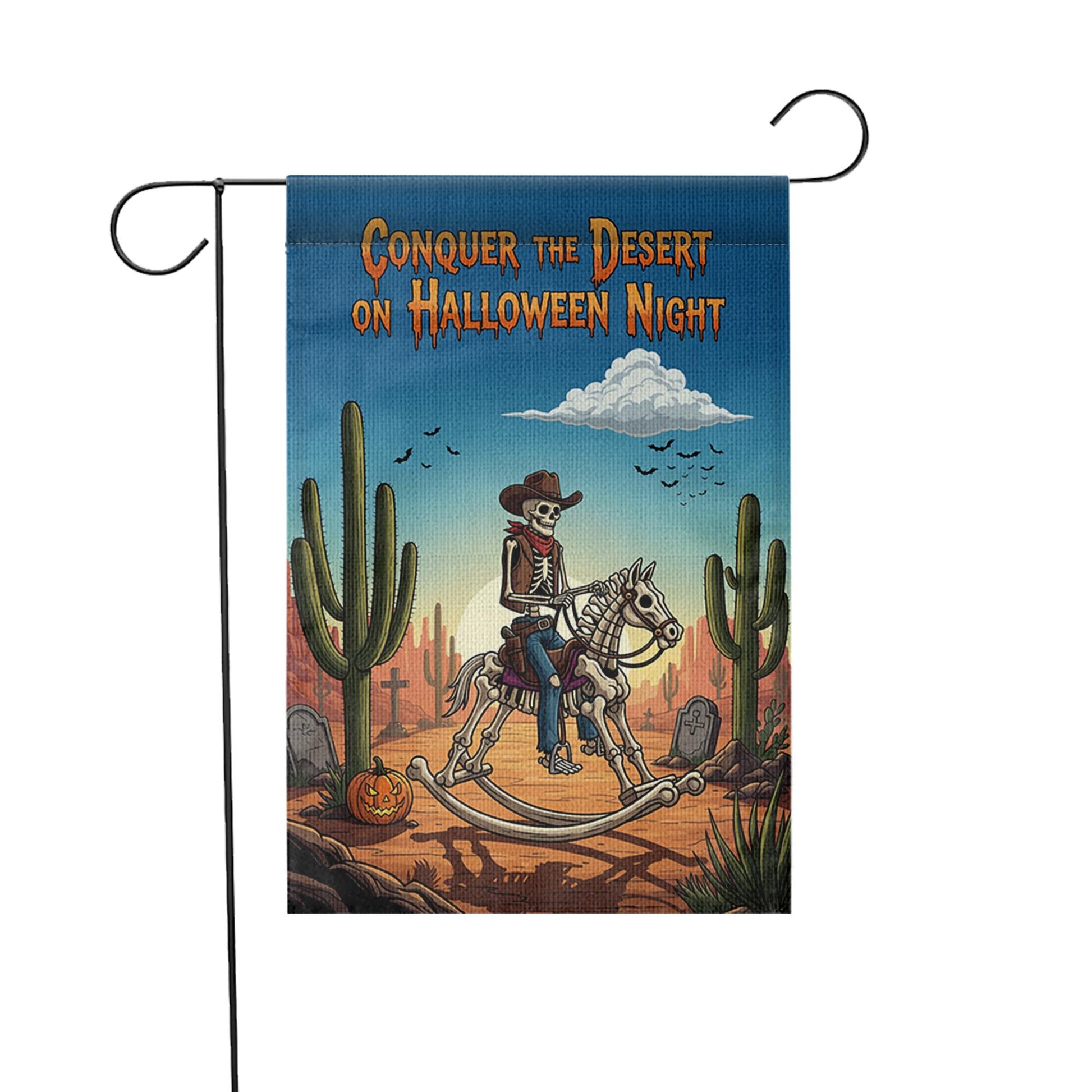 Conquer Desert Halloween Night" Garden Flag, Skeleton Cowboy Yard Decor, Spooky Western Outdoor Banner, Unique Fall Flag