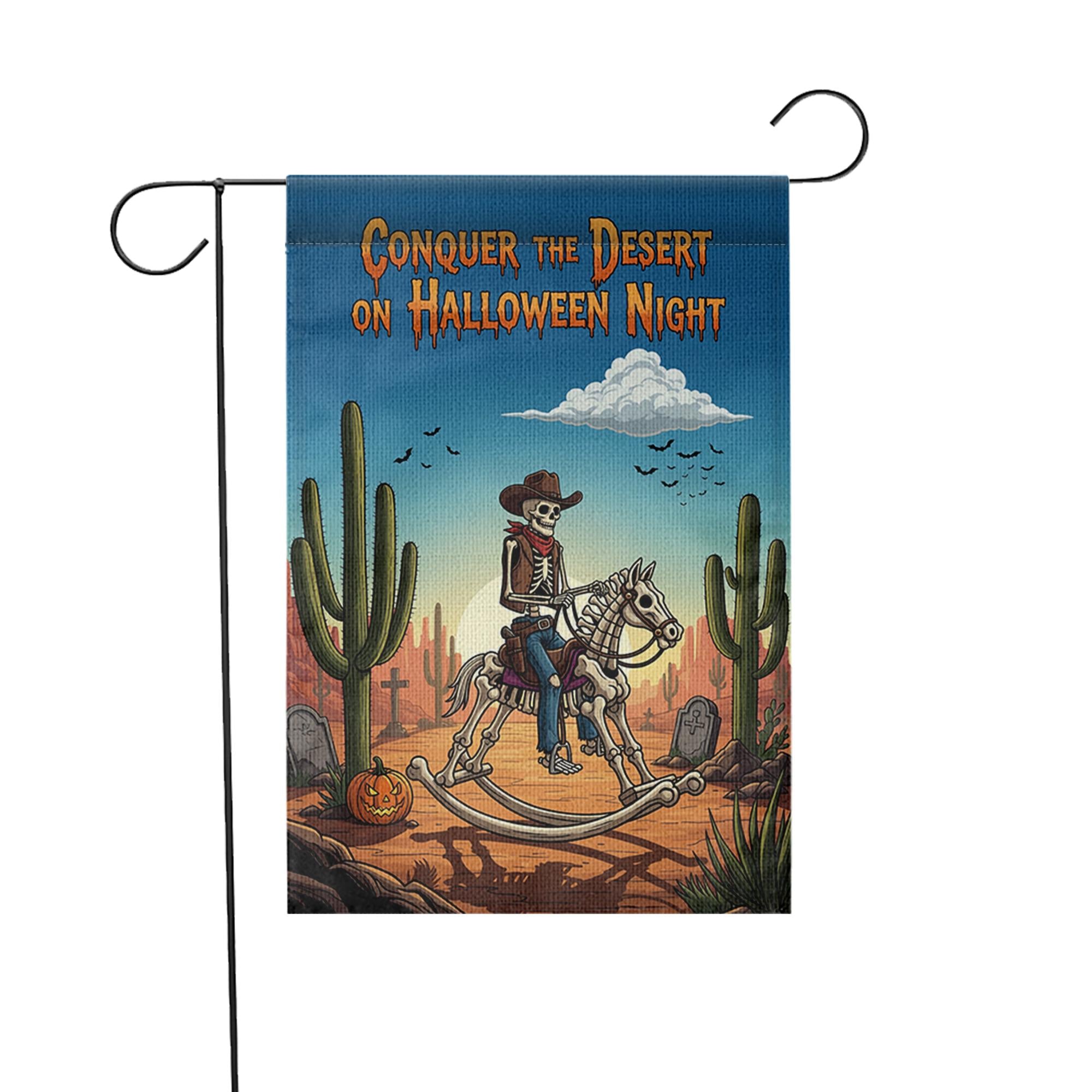 Conquer Desert Halloween Night" Garden Flag, Skeleton Cowboy Yard Decor, Spooky Western Outdoor Banner, Unique Fall Flag