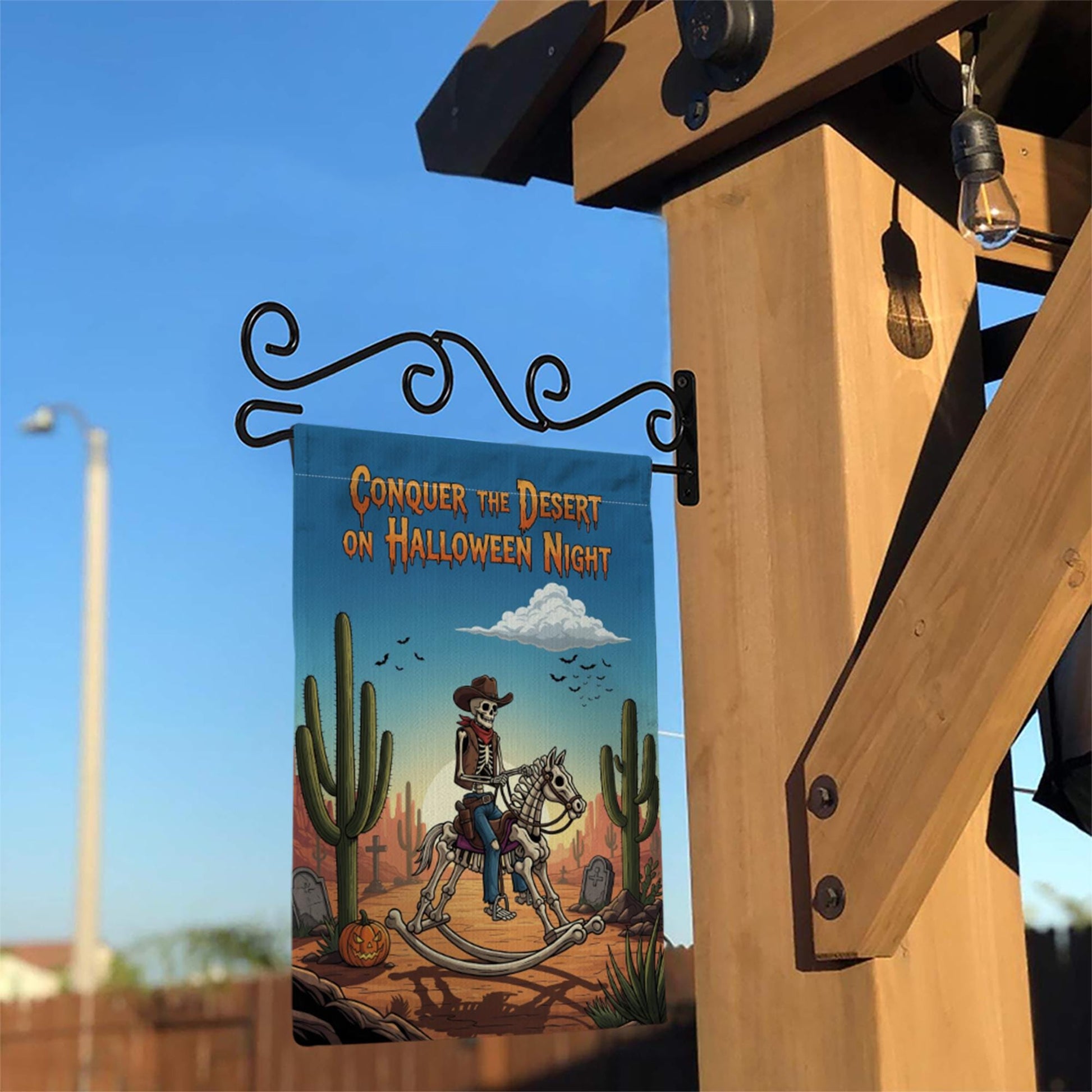 Conquer Desert Halloween Night" Garden Flag, Skeleton Cowboy Yard Decor, Spooky Western Outdoor Banner, Unique Fall Flag