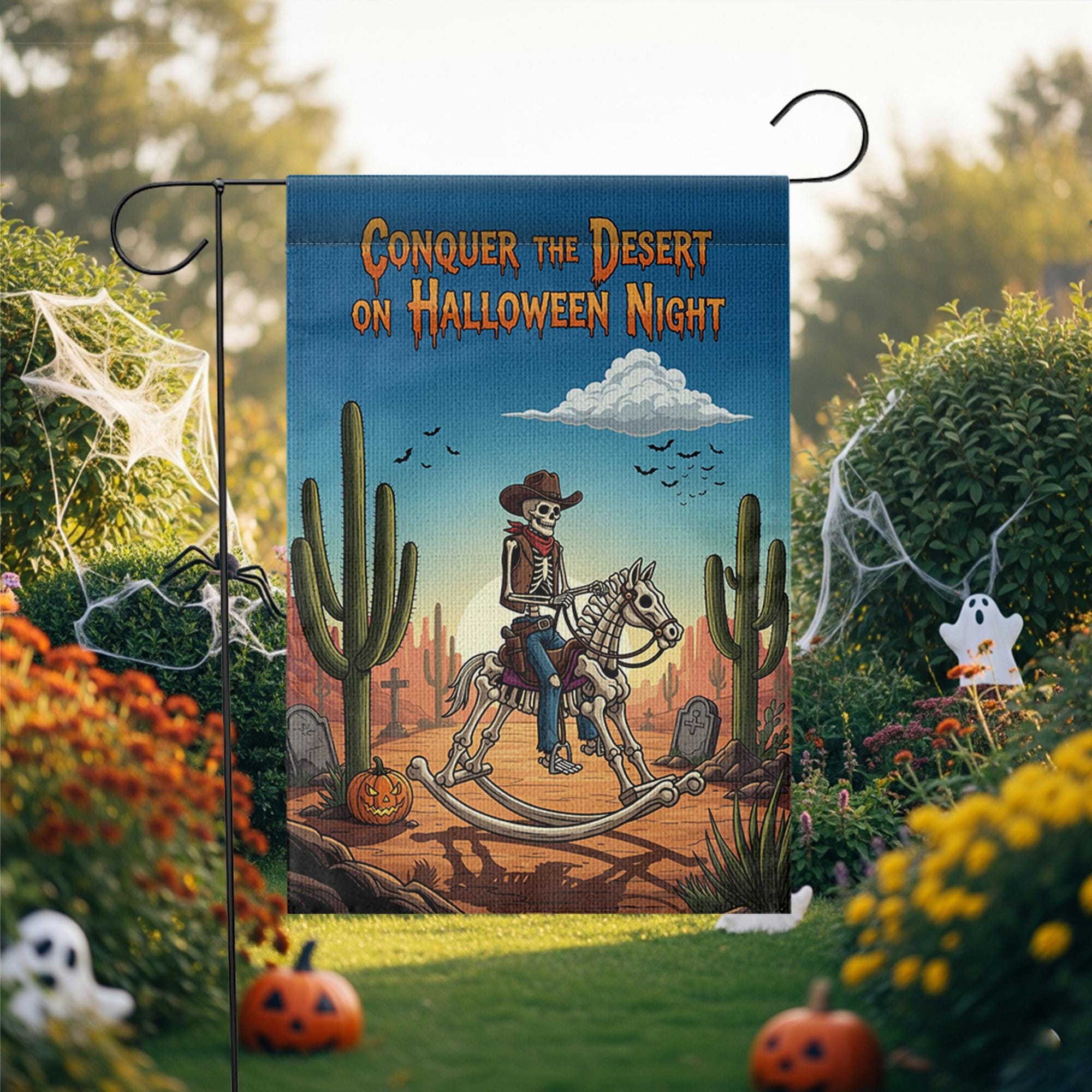 Conquer Desert Halloween Night" Garden Flag, Skeleton Cowboy Yard Decor, Spooky Western Outdoor Banner, Unique Fall Flag