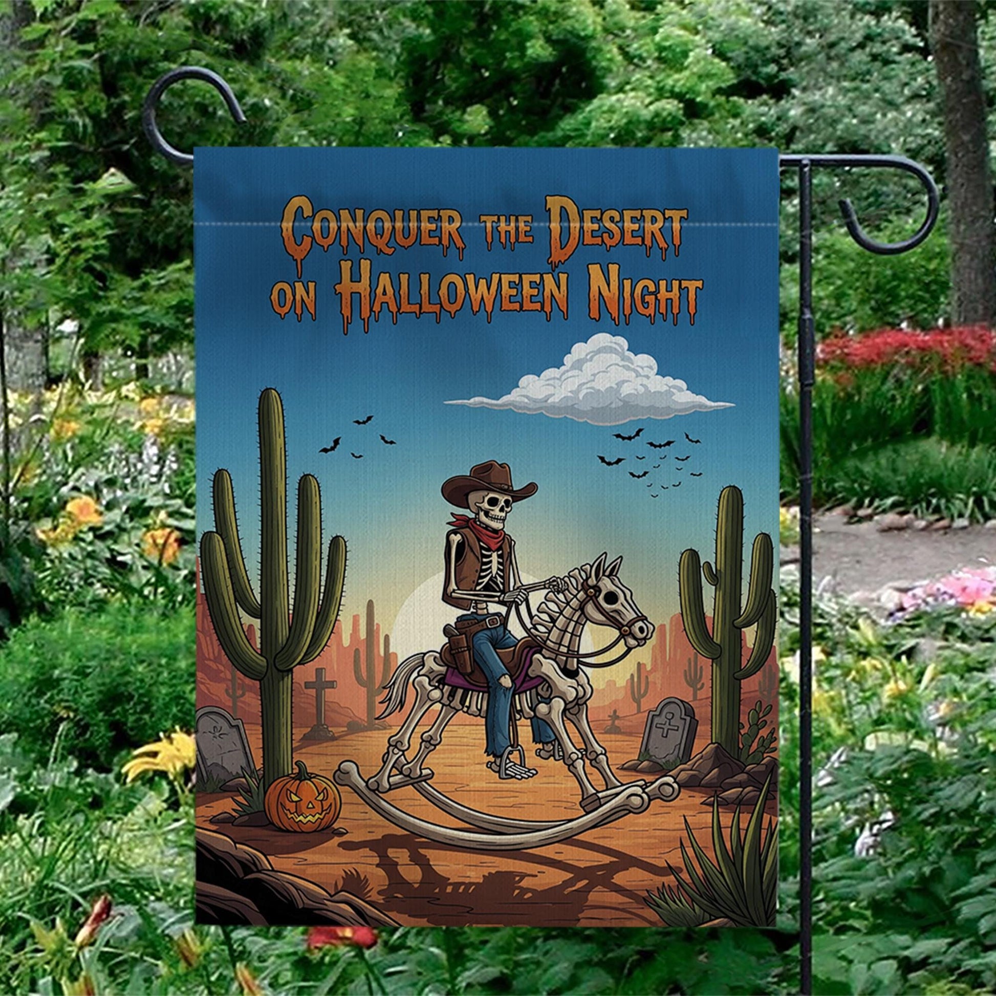 Conquer Desert Halloween Night" Garden Flag, Skeleton Cowboy Yard Decor, Spooky Western Outdoor Banner, Unique Fall Flag