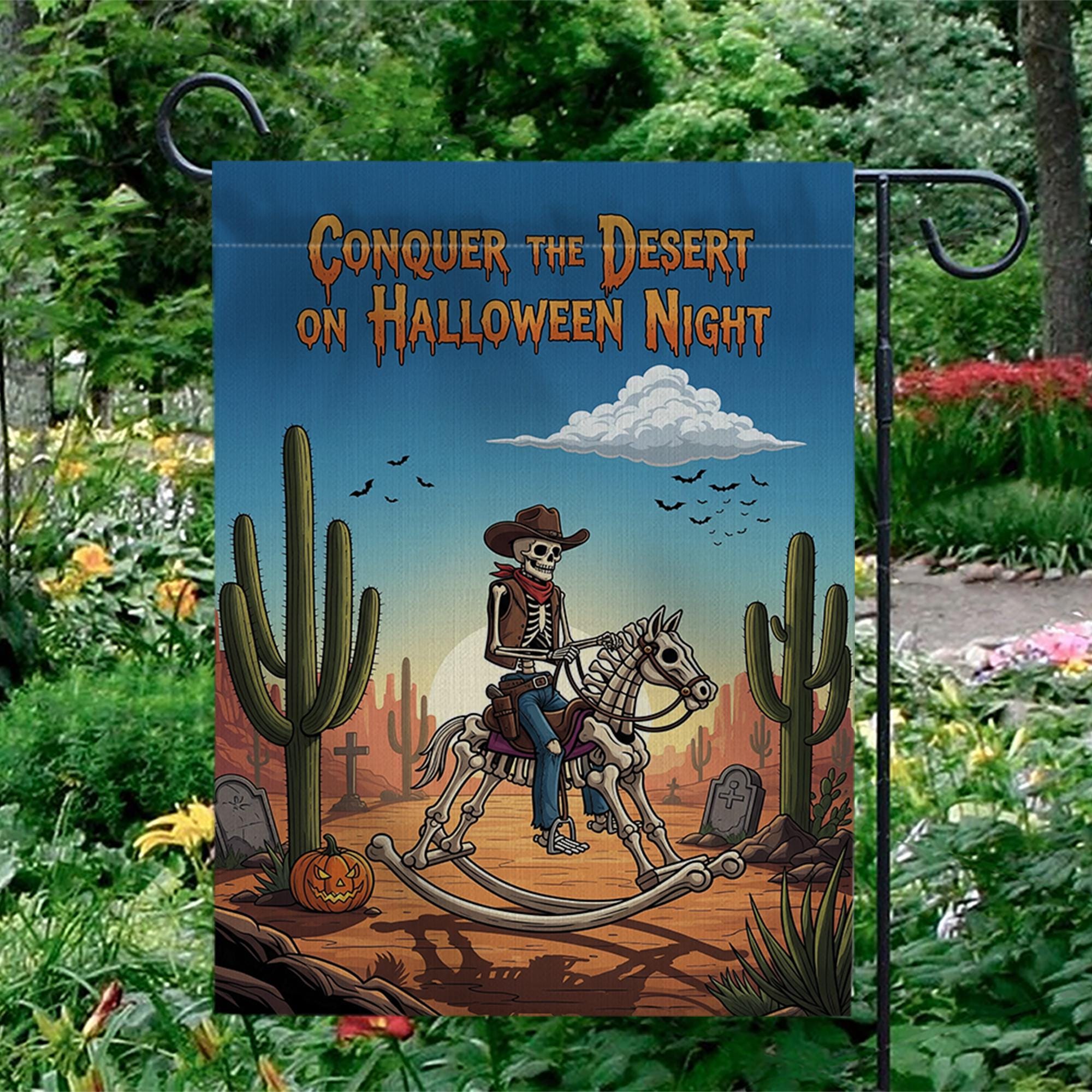 Conquer Desert Halloween Night" Garden Flag, Skeleton Cowboy Yard Decor, Spooky Western Outdoor Banner, Unique Fall Flag