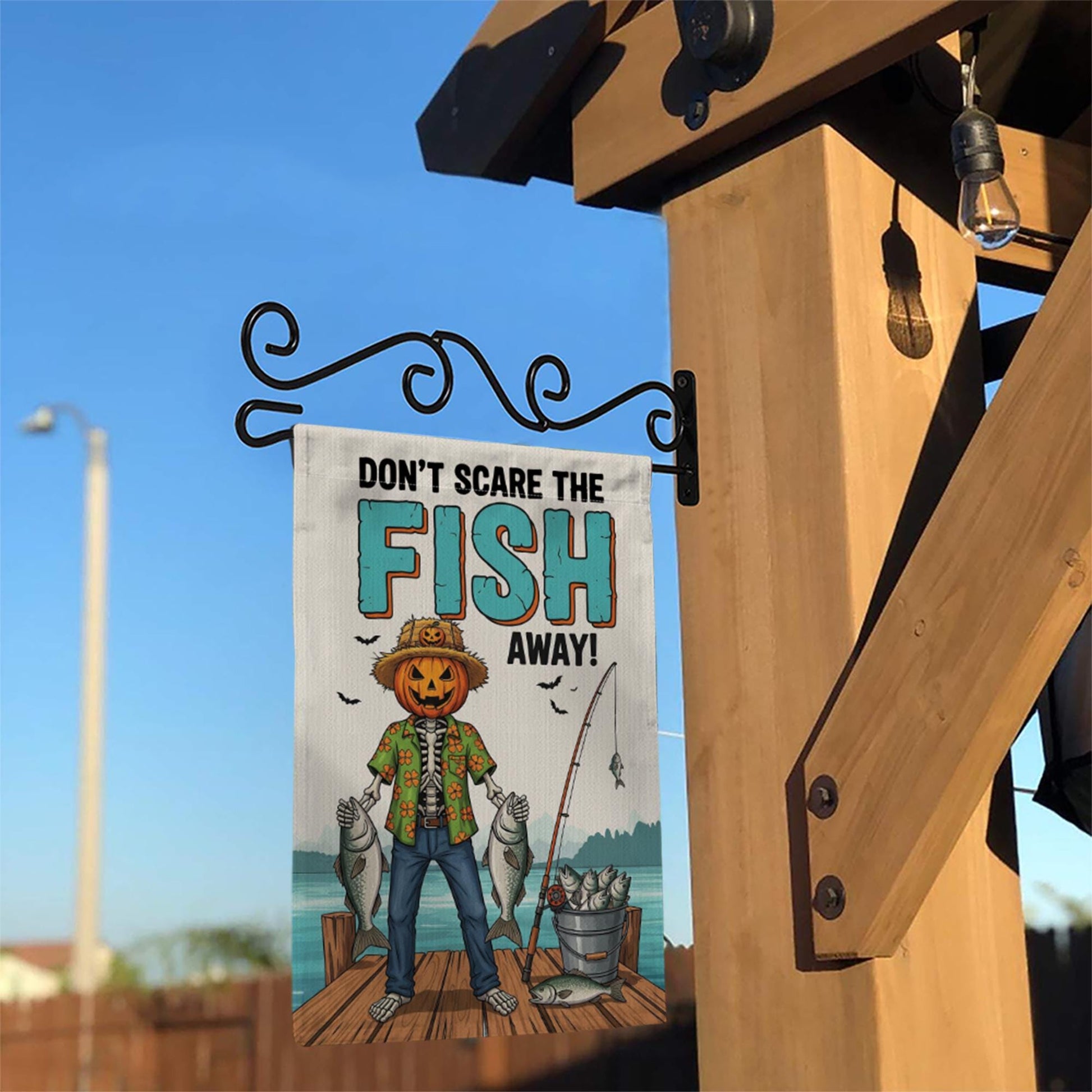 Don't Scare The Fish Away" Fishing Pumpkin Garden Flag, Funny Fall Yard Decor, Halloween Fisherman Outdoor Banner, Unique Autumn Art
