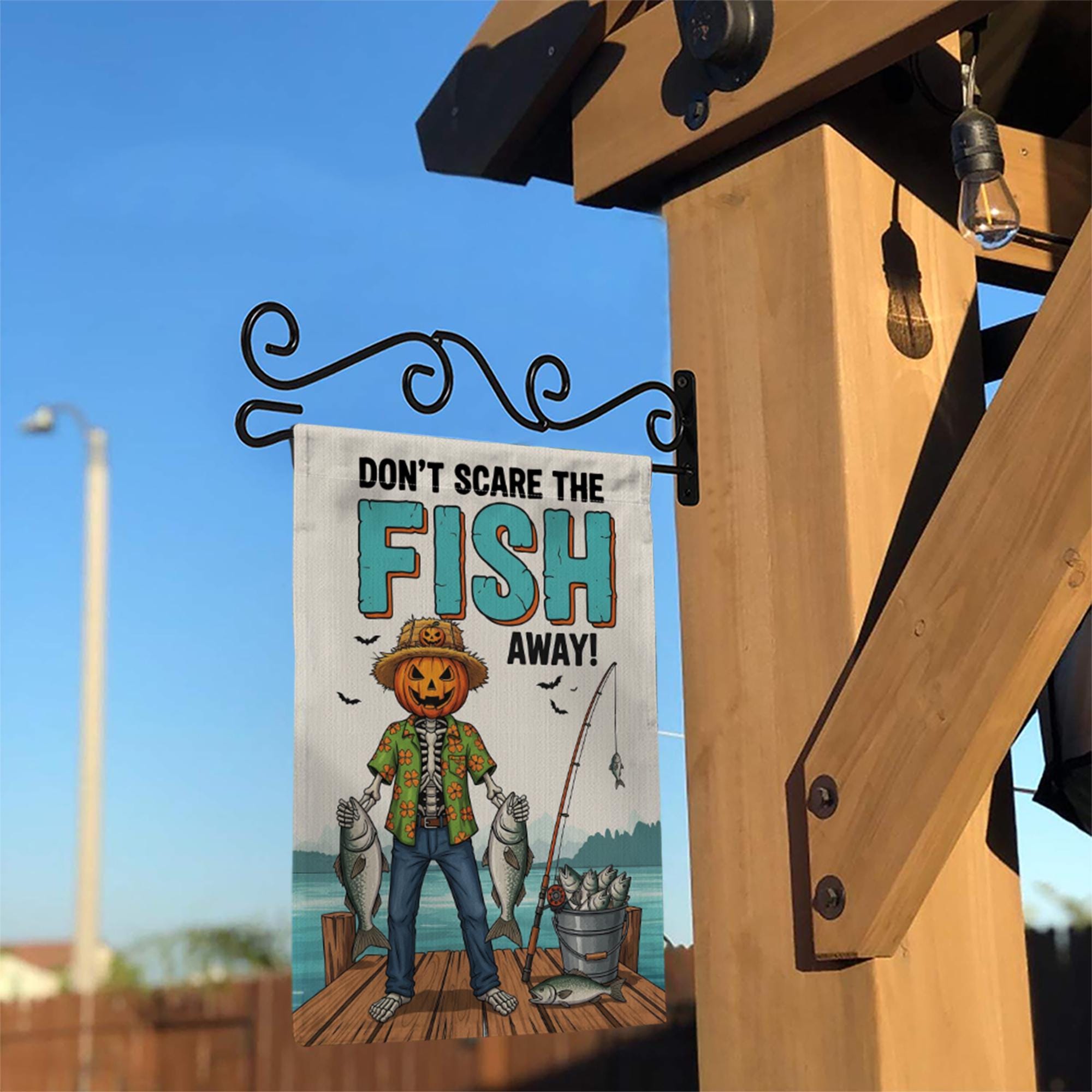 Don't Scare The Fish Away" Fishing Pumpkin Garden Flag, Funny Fall Yard Decor, Halloween Fisherman Outdoor Banner, Unique Autumn Art