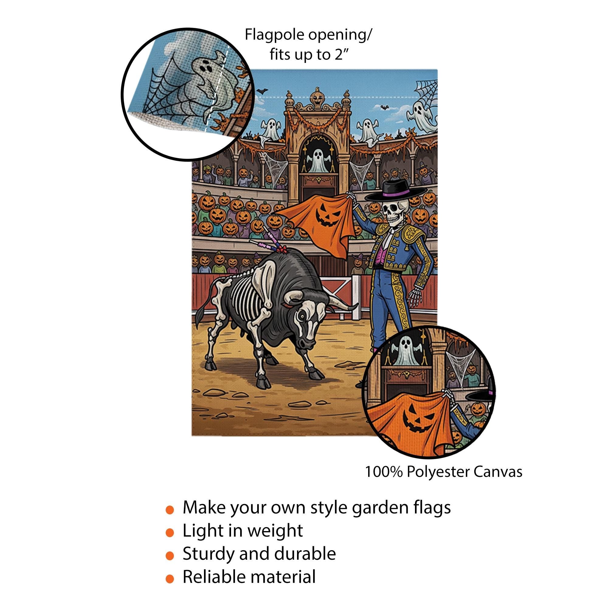 Halloween Matador Skeleton Bull Garden Flag, Unique Spooky Yard Decor, Funny Gothic Outdoor Banner, Day of the Dead Inspired