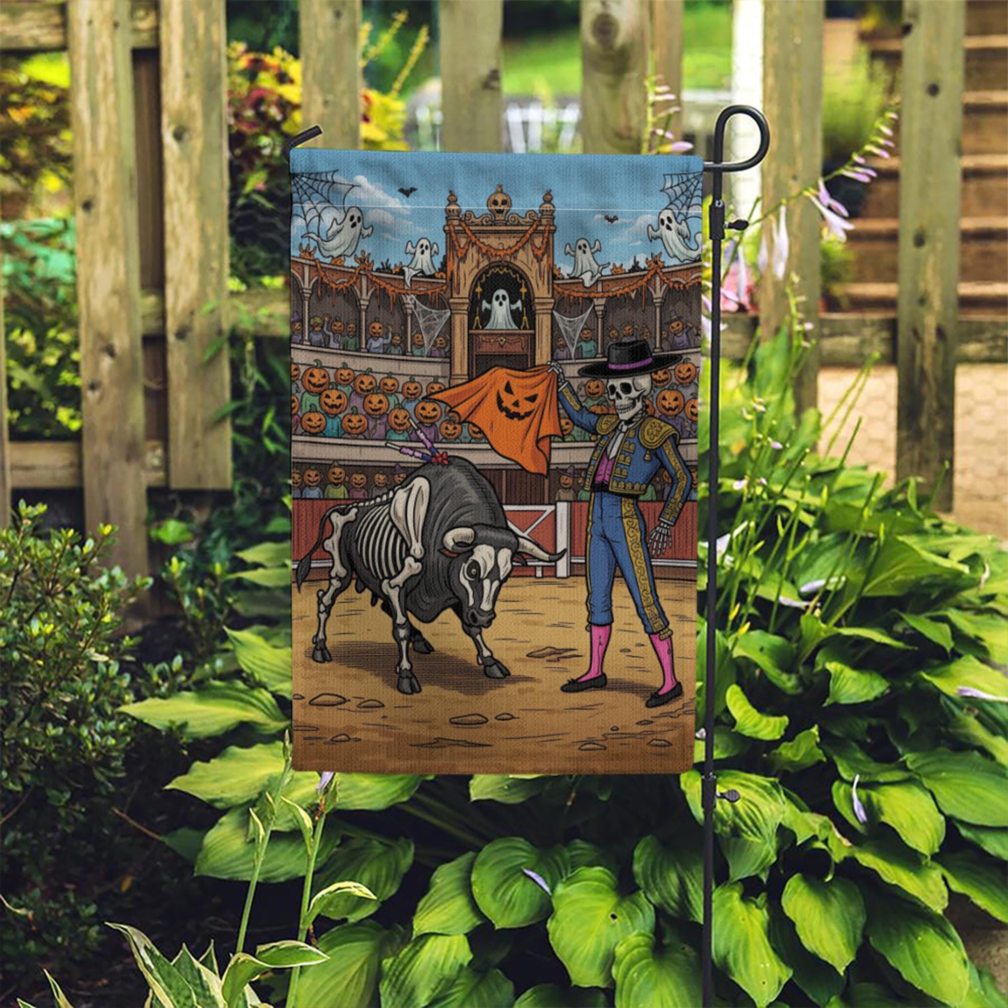 Halloween Matador Skeleton Bull Garden Flag, Unique Spooky Yard Decor, Funny Gothic Outdoor Banner, Day of the Dead Inspired