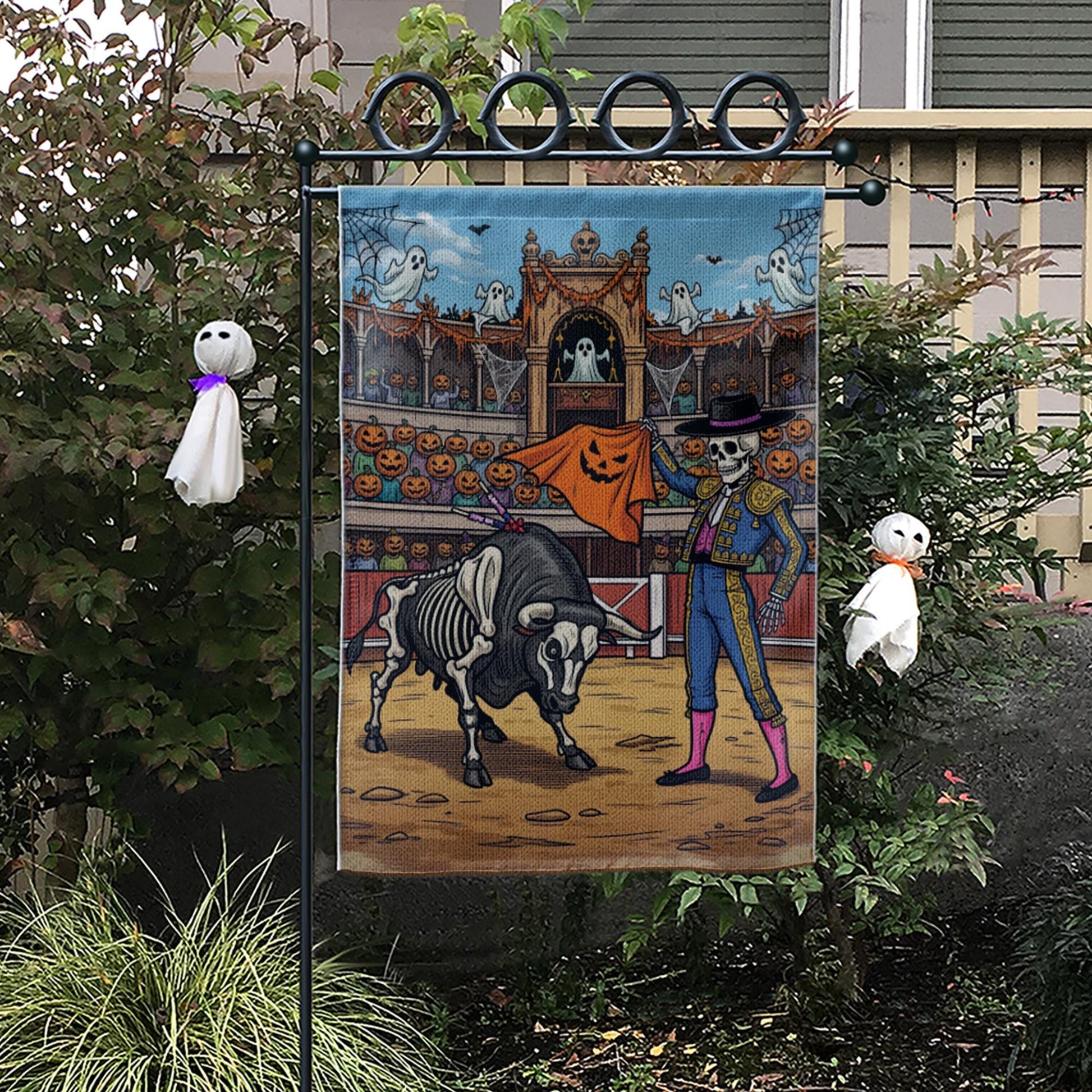 Halloween Matador Skeleton Bull Garden Flag, Unique Spooky Yard Decor, Funny Gothic Outdoor Banner, Day of the Dead Inspired
