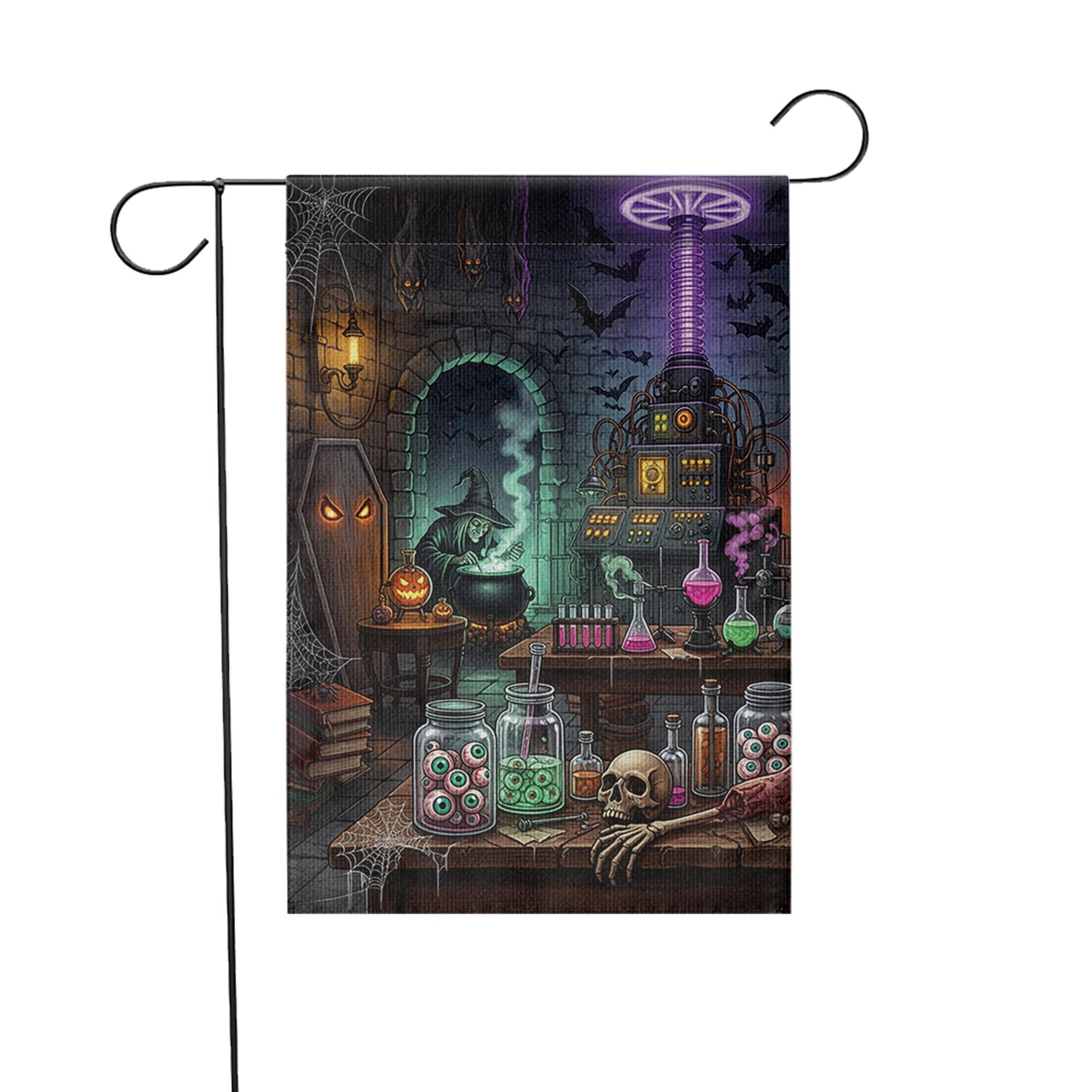 Spooky Mad Scientist Lab Garden Flag, Halloween Witch Cauldron Yard Decor, Gothic Horror Outdoor Banner, Eyeball Jars Art