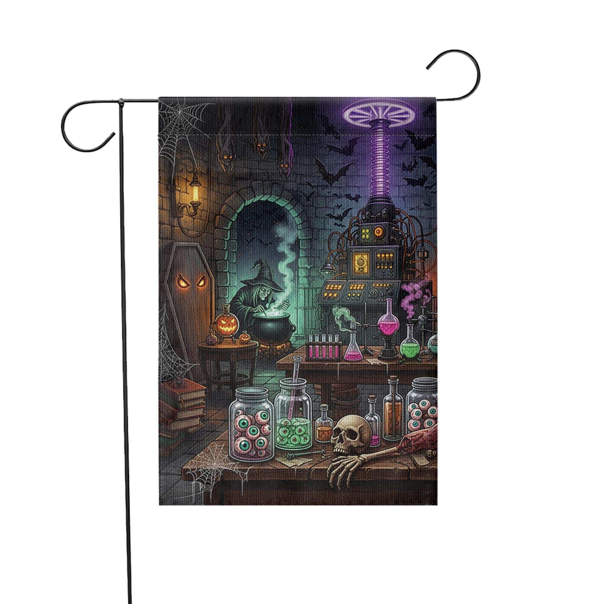 Spooky Mad Scientist Lab Garden Flag, Halloween Witch Cauldron Yard Decor, Gothic Horror Outdoor Banner, Eyeball Jars Art