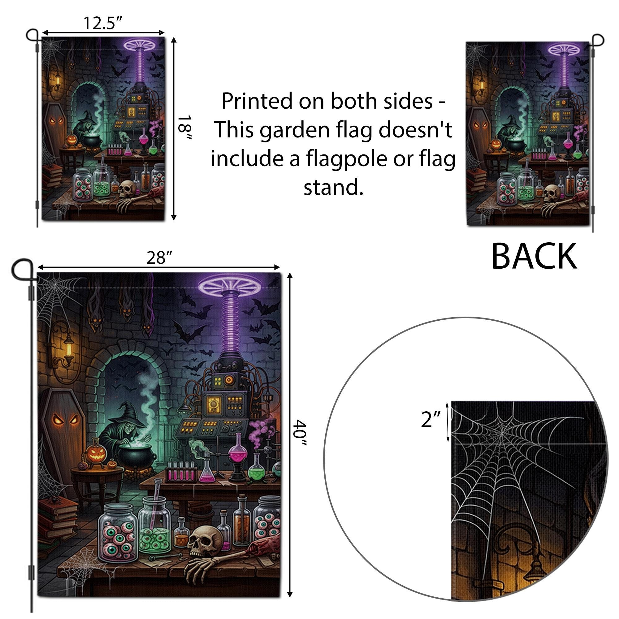 Spooky Mad Scientist Lab Garden Flag, Halloween Witch Cauldron Yard Decor, Gothic Horror Outdoor Banner, Eyeball Jars Art