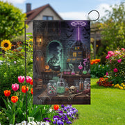 Spooky Mad Scientist Lab Garden Flag, Halloween Witch Cauldron Yard Decor, Gothic Horror Outdoor Banner, Eyeball Jars Art
