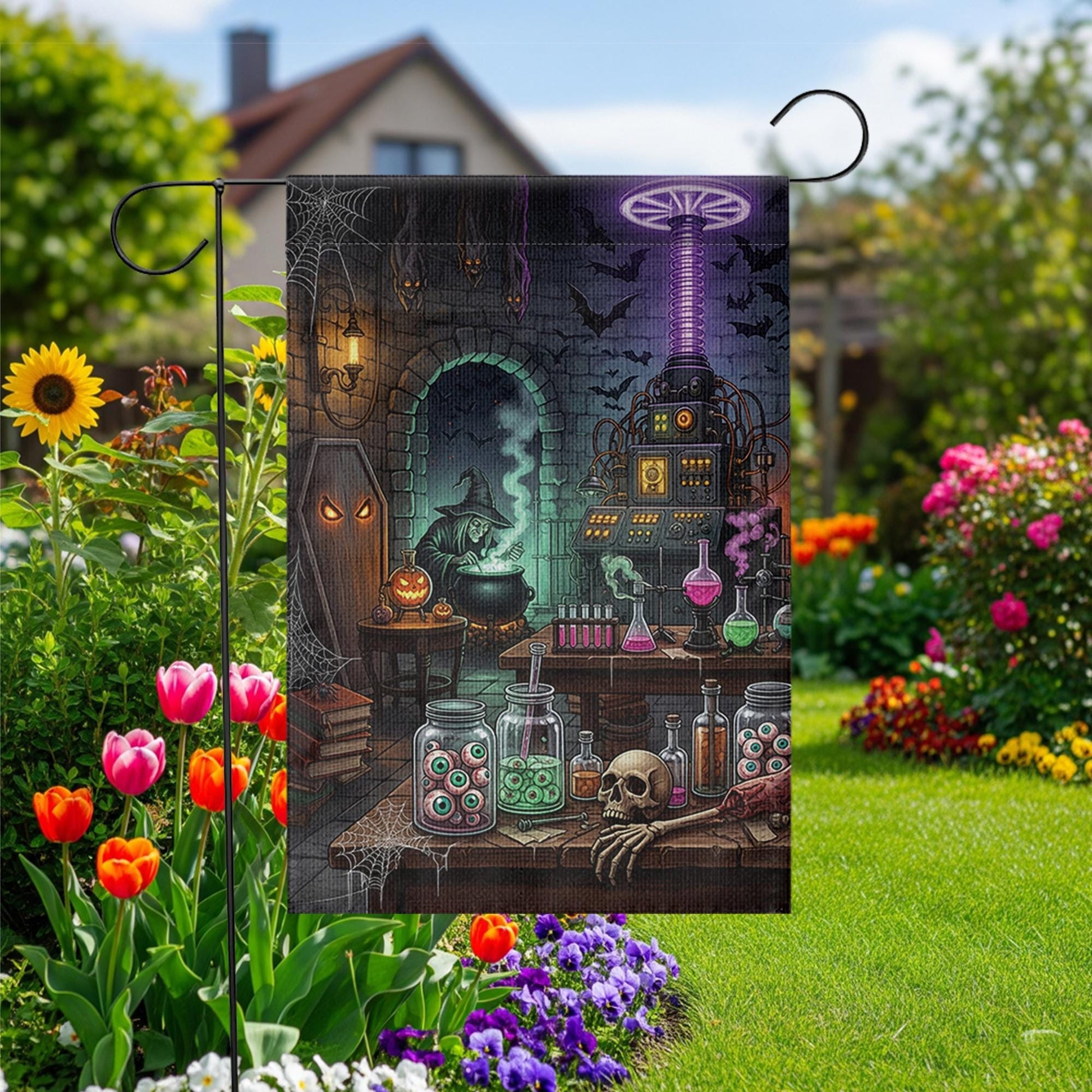 Spooky Mad Scientist Lab Garden Flag, Halloween Witch Cauldron Yard Decor, Gothic Horror Outdoor Banner, Eyeball Jars Art