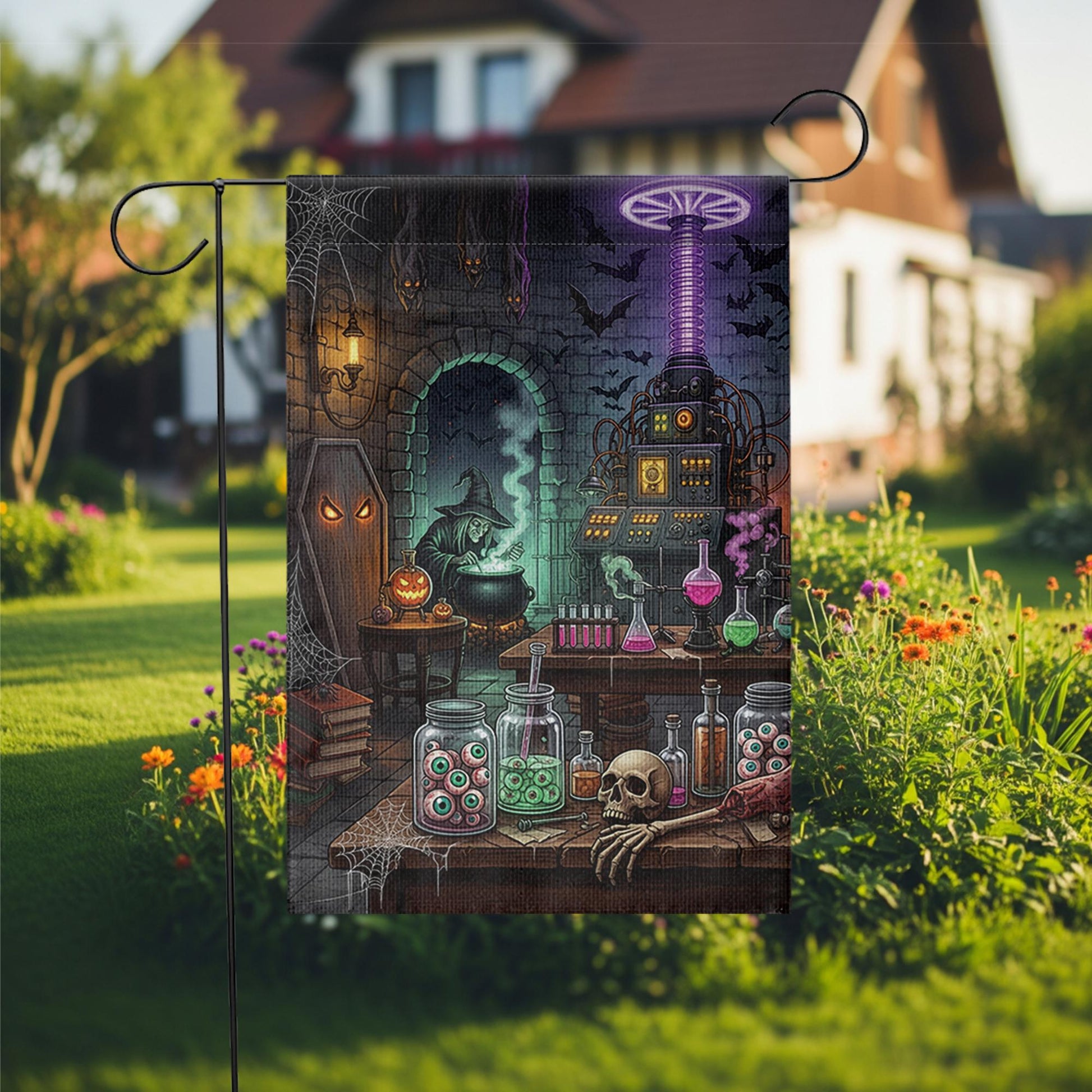Spooky Mad Scientist Lab Garden Flag, Halloween Witch Cauldron Yard Decor, Gothic Horror Outdoor Banner, Eyeball Jars Art