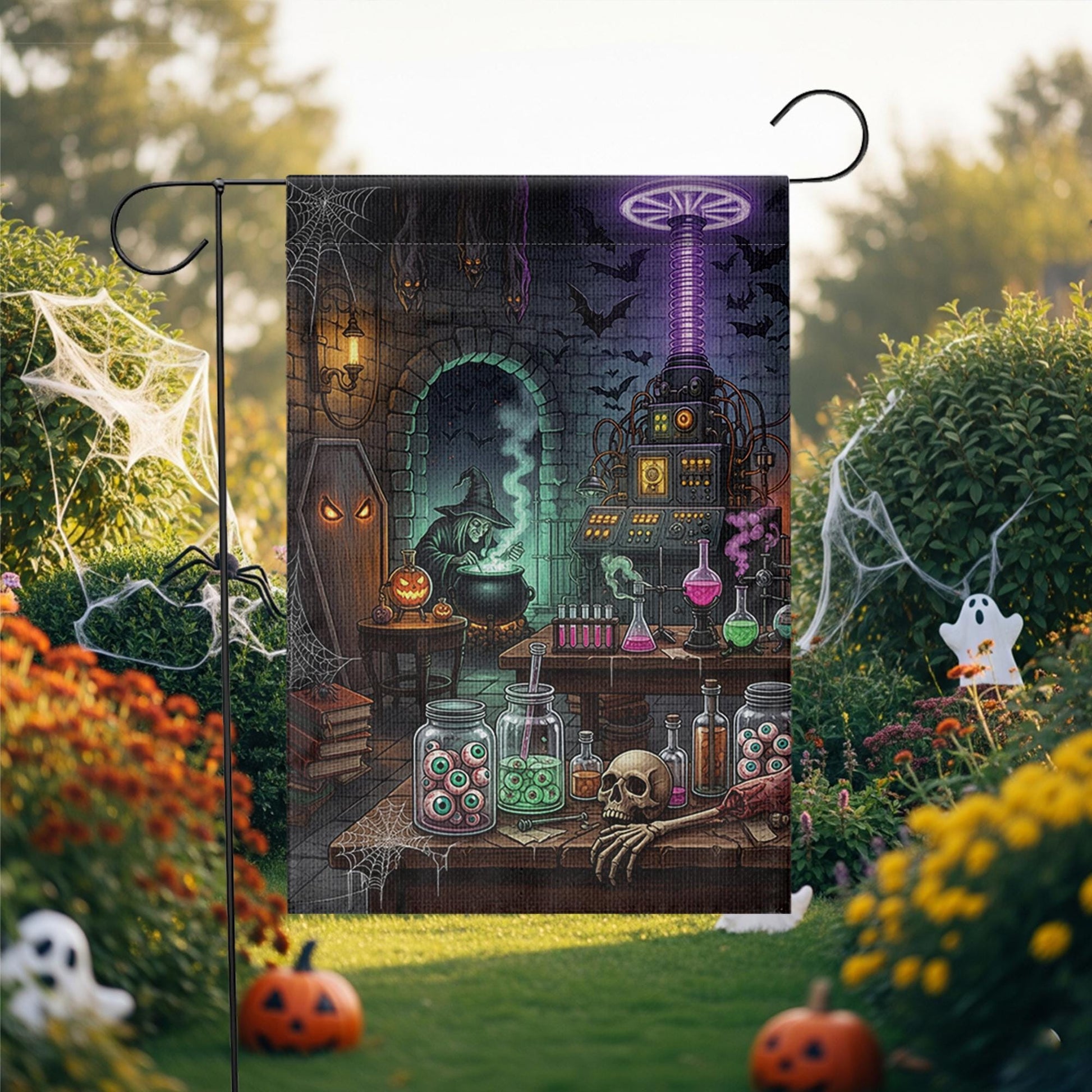 Spooky Mad Scientist Lab Garden Flag, Halloween Witch Cauldron Yard Decor, Gothic Horror Outdoor Banner, Eyeball Jars Art