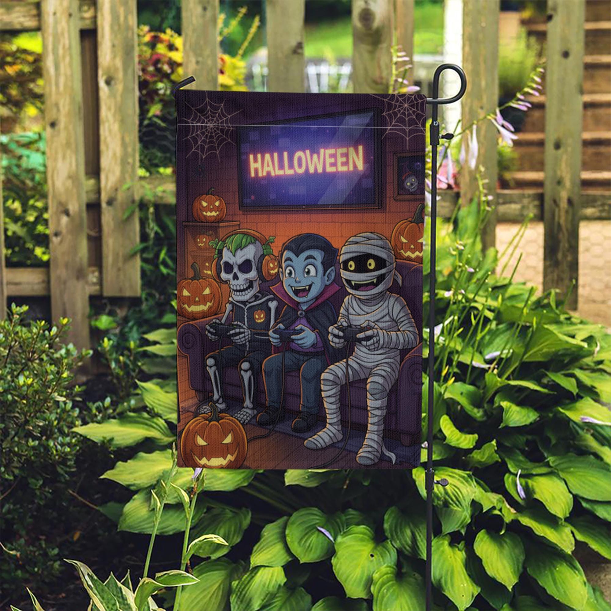 Gaming Monsters Halloween Garden Flag, Spooky Skeleton Vampire Mummy Yard Decor, Funny Outdoor Fall Banner, Trick or Treat Fun