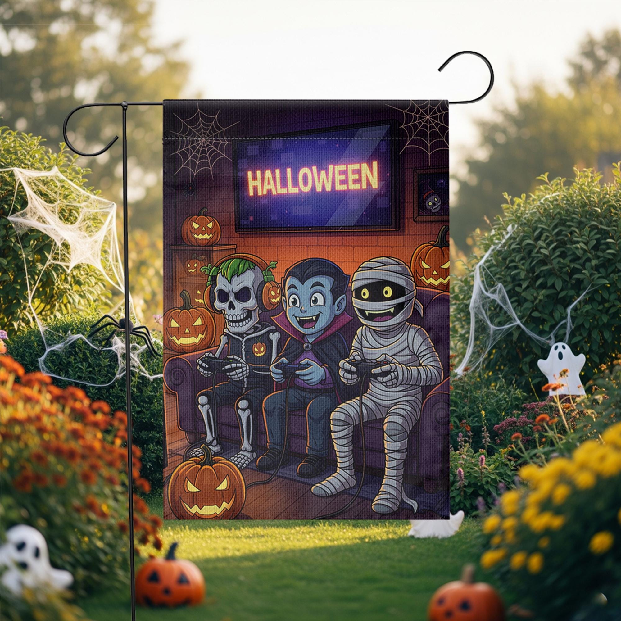 Gaming Monsters Halloween Garden Flag, Spooky Skeleton Vampire Mummy Yard Decor, Funny Outdoor Fall Banner, Trick or Treat Fun