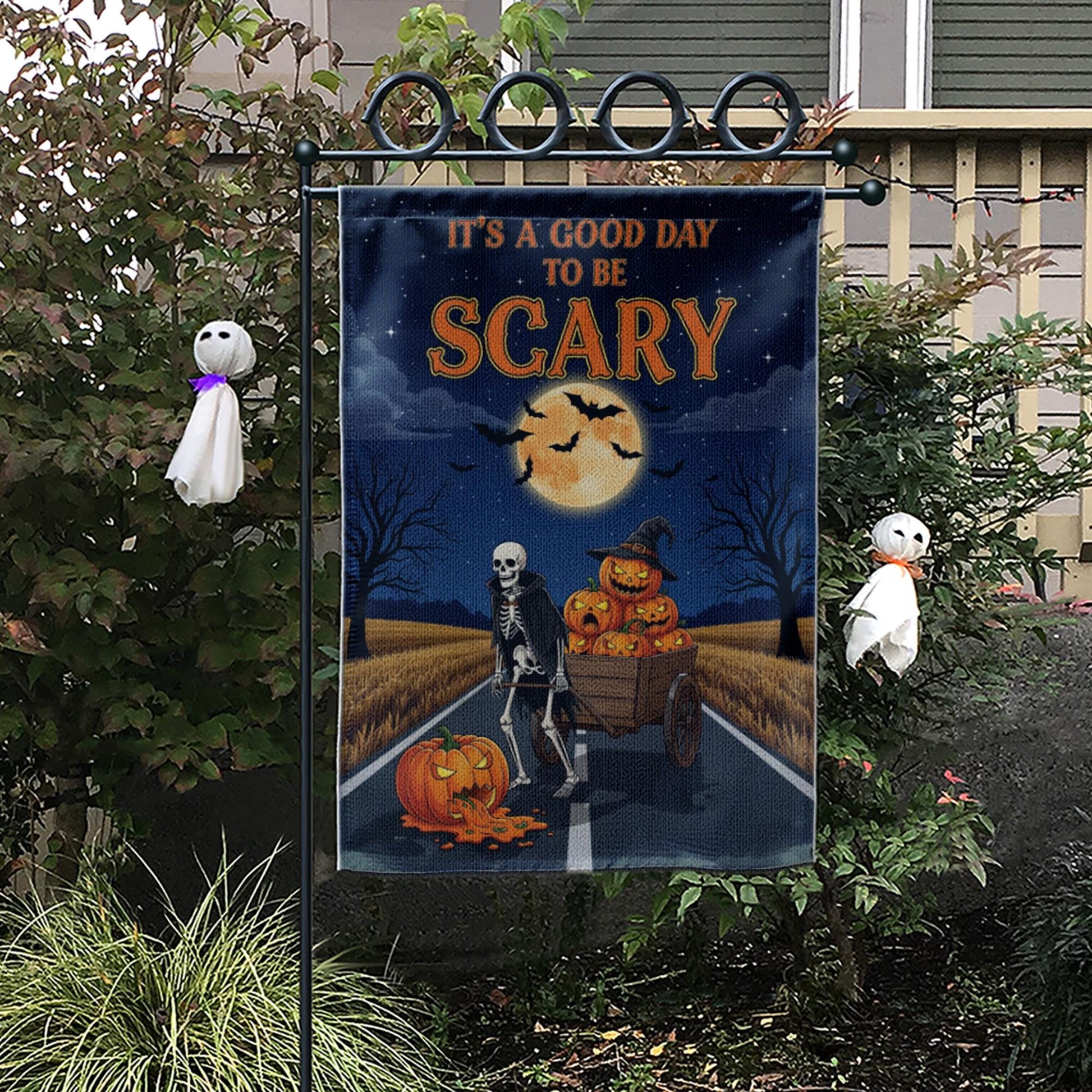 Good Day To Be Scary" Skeleton & Pumpkin Wagon Garden Flag, Spooky Halloween Yard Decor, Full Moon Outdoor Banner, Fall Welcome