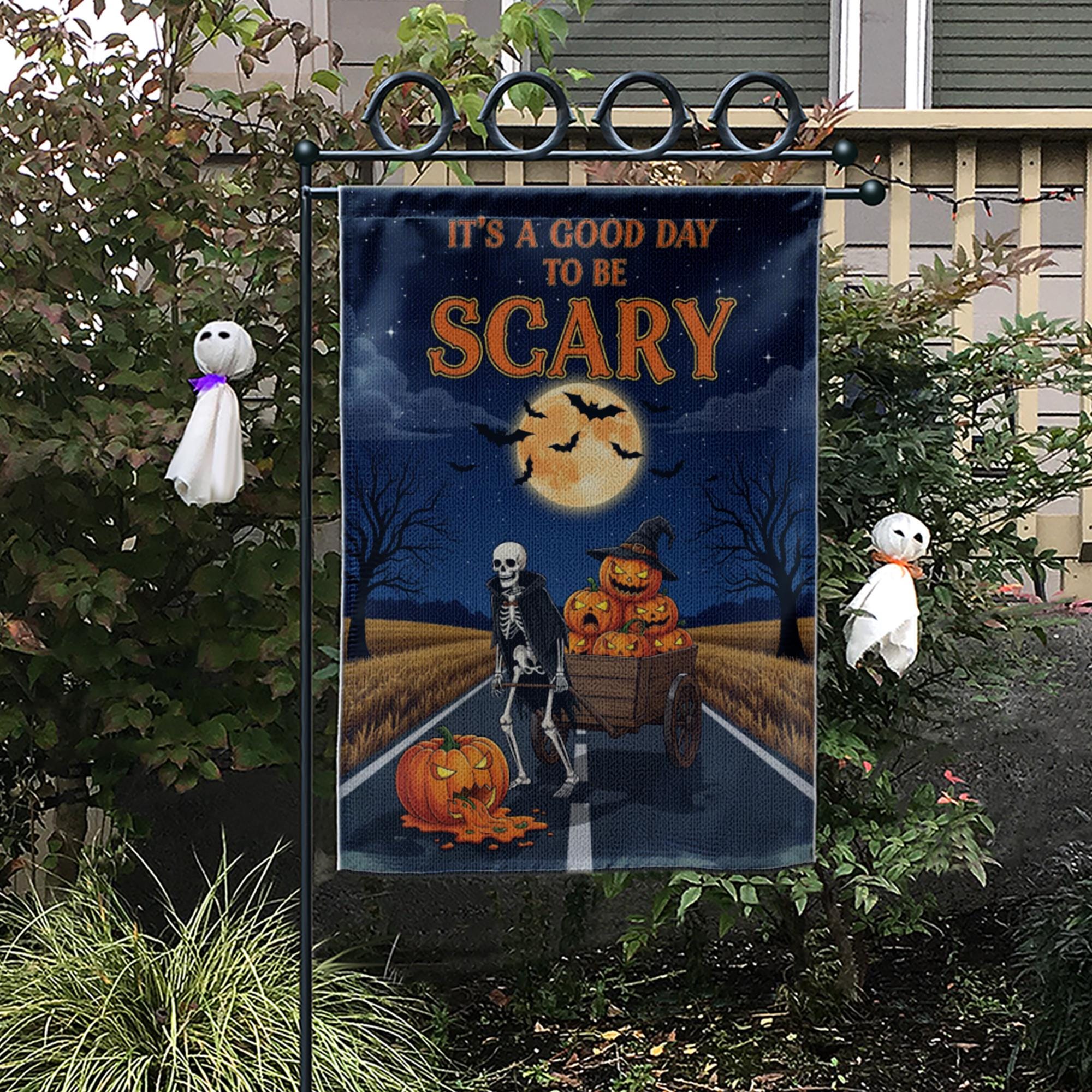 Good Day To Be Scary" Skeleton & Pumpkin Wagon Garden Flag, Spooky Halloween Yard Decor, Full Moon Outdoor Banner, Fall Welcome