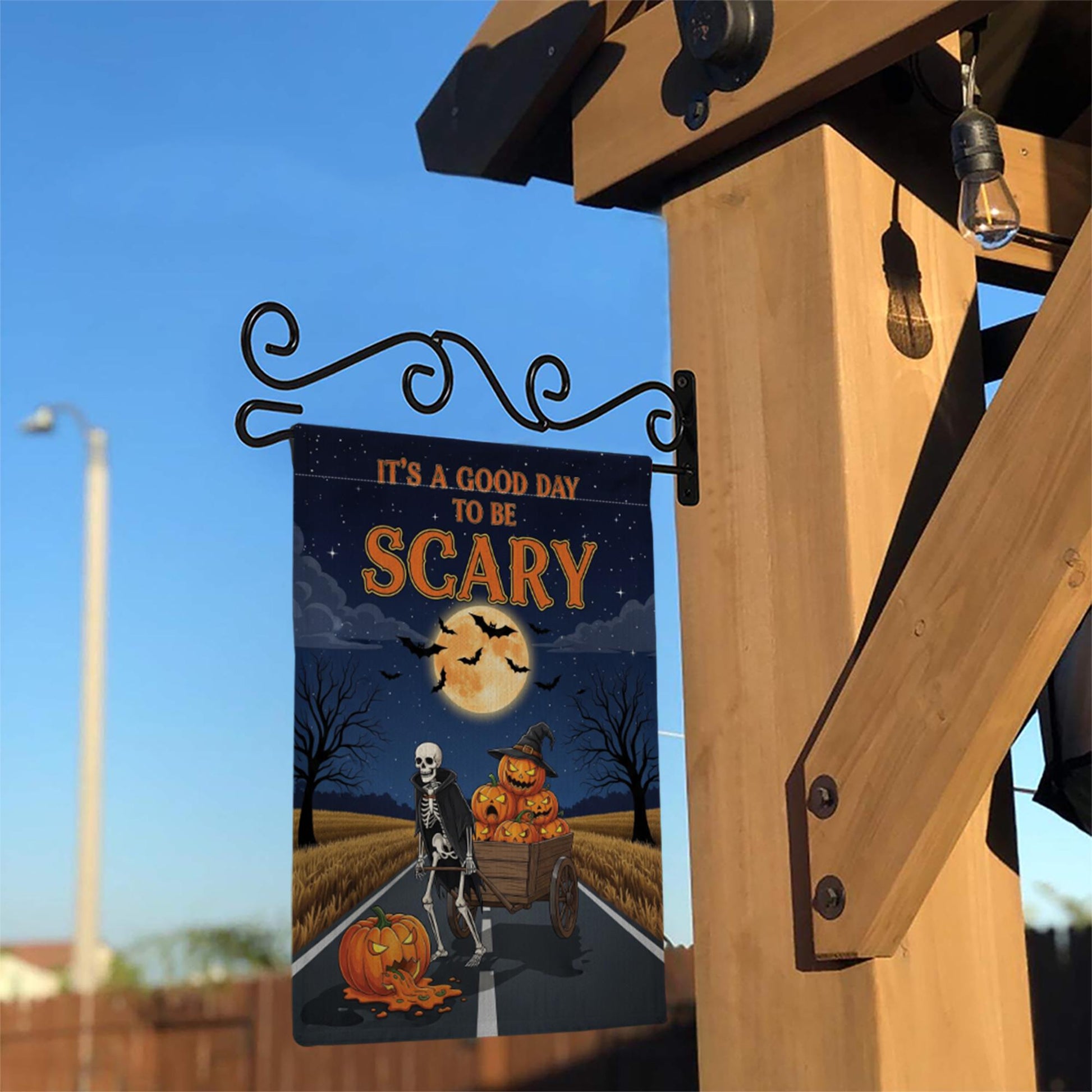 Good Day To Be Scary" Skeleton & Pumpkin Wagon Garden Flag, Spooky Halloween Yard Decor, Full Moon Outdoor Banner, Fall Welcome