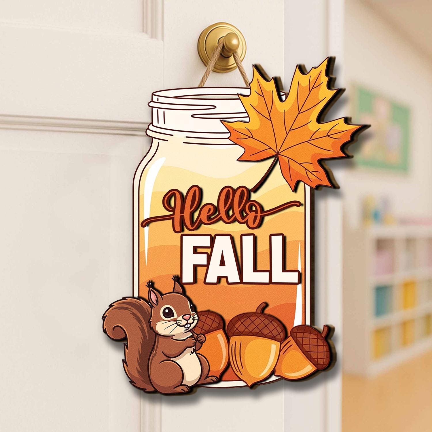 Wooden Jar “Hello Fall” Door Hanger with Squirrel & Acorns, Rustic Autumn Porch Sign, Fall Welcome Decoration, Door Hanger Fall Season Gift