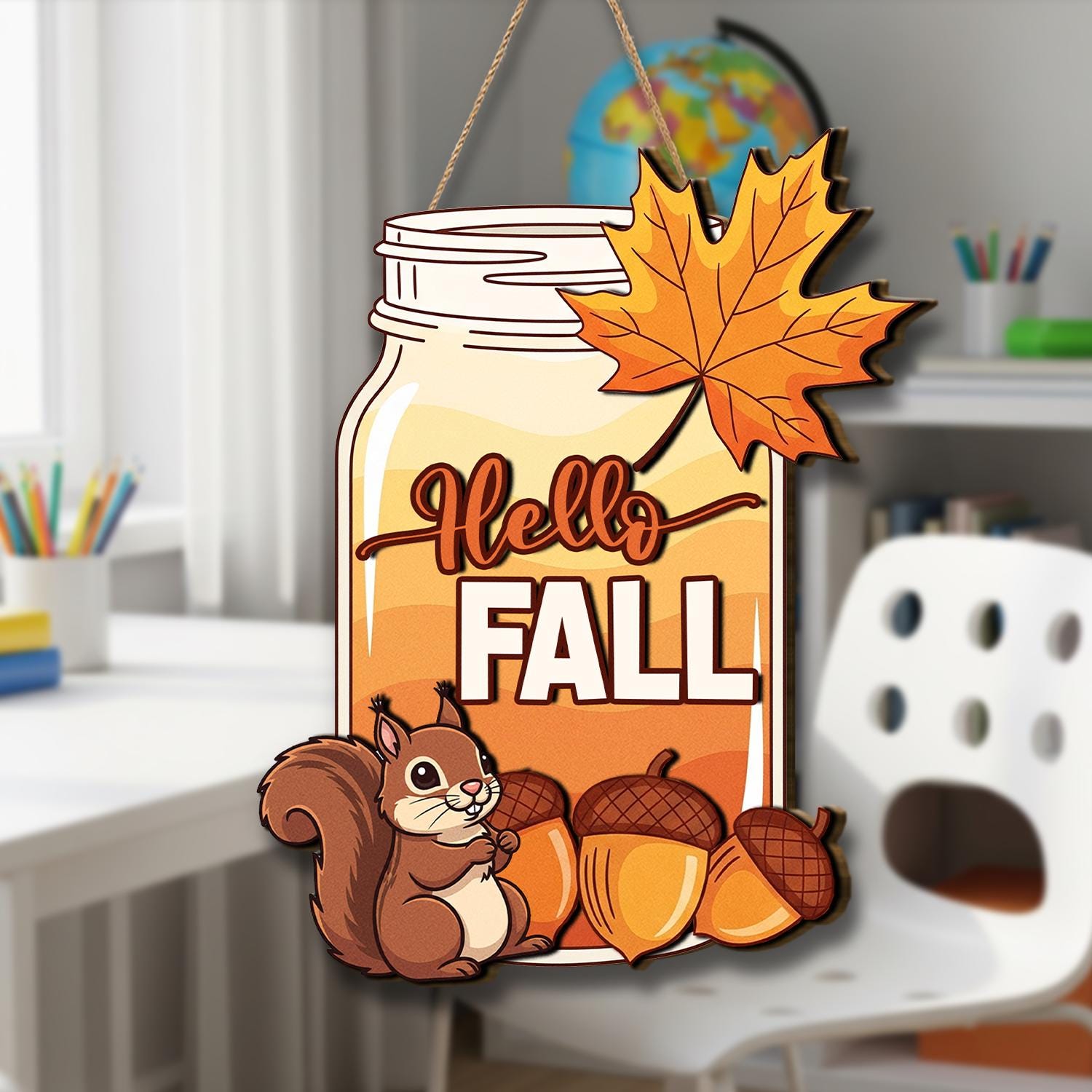 Wooden Jar “Hello Fall” Door Hanger with Squirrel & Acorns, Rustic Autumn Porch Sign, Fall Welcome Decoration, Door Hanger Fall Season Gift