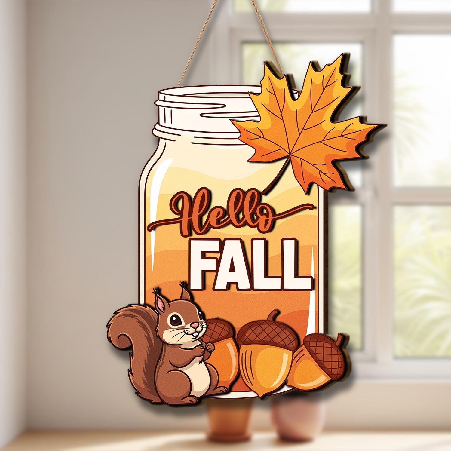 Wooden Jar “Hello Fall” Door Hanger with Squirrel & Acorns, Rustic Autumn Porch Sign, Fall Welcome Decoration, Door Hanger Fall Season Gift