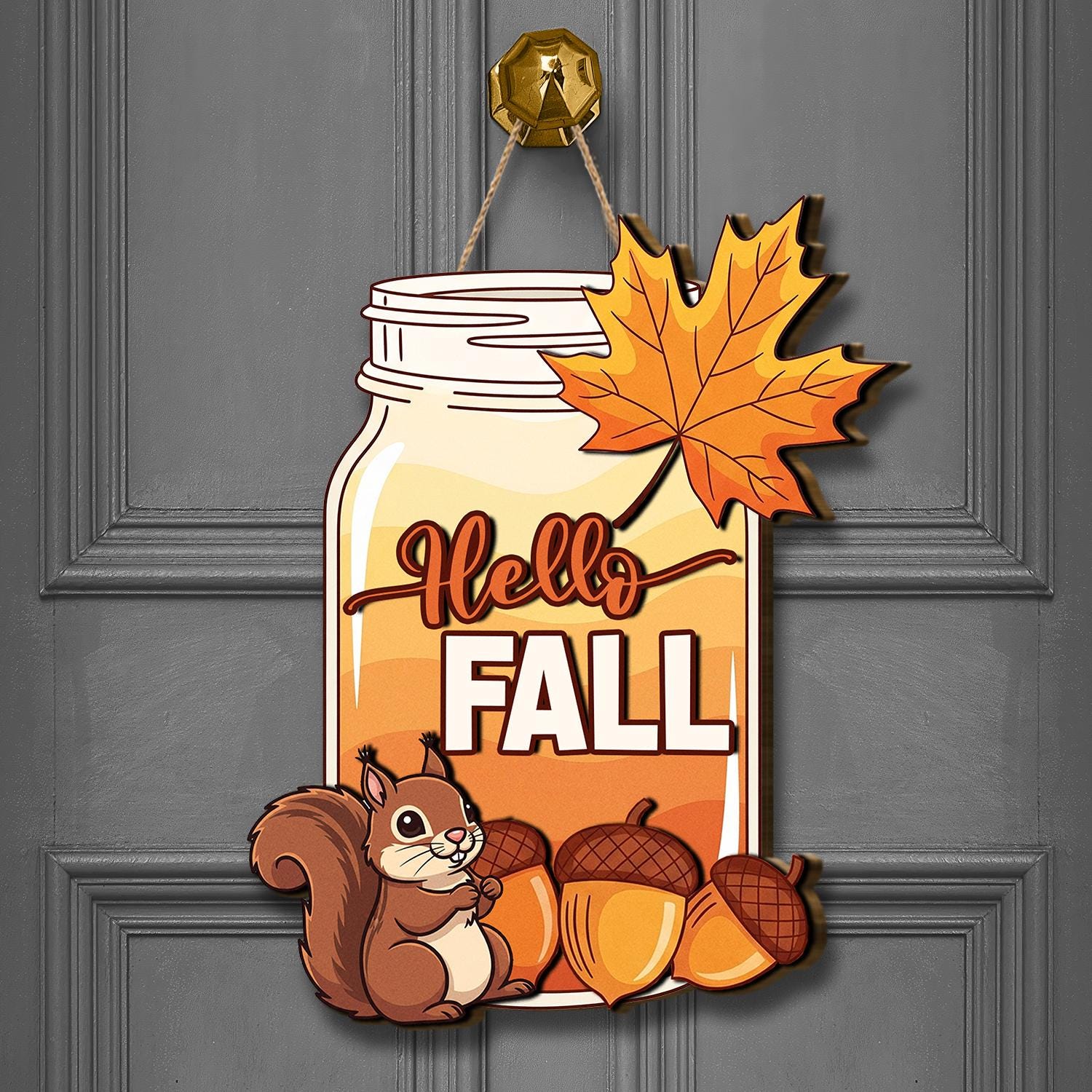 Wooden Jar “Hello Fall” Door Hanger with Squirrel & Acorns, Rustic Autumn Porch Sign, Fall Welcome Decoration, Door Hanger Fall Season Gift