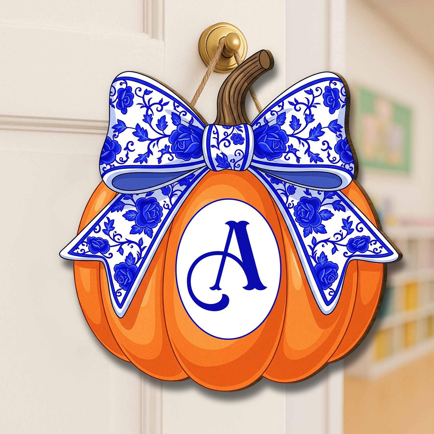 Wooden Pumpkin Door Hanger with Blue Floral Bow, Welcome Fall Porch Sign, Farmhouse Autumn Decor, Rustic Entryway Decoration,Fall Home Decor