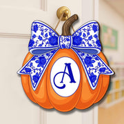 Wooden Pumpkin Door Hanger with Blue Floral Bow, Welcome Fall Porch Sign, Farmhouse Autumn Decor, Rustic Entryway Decoration,Fall Home Decor