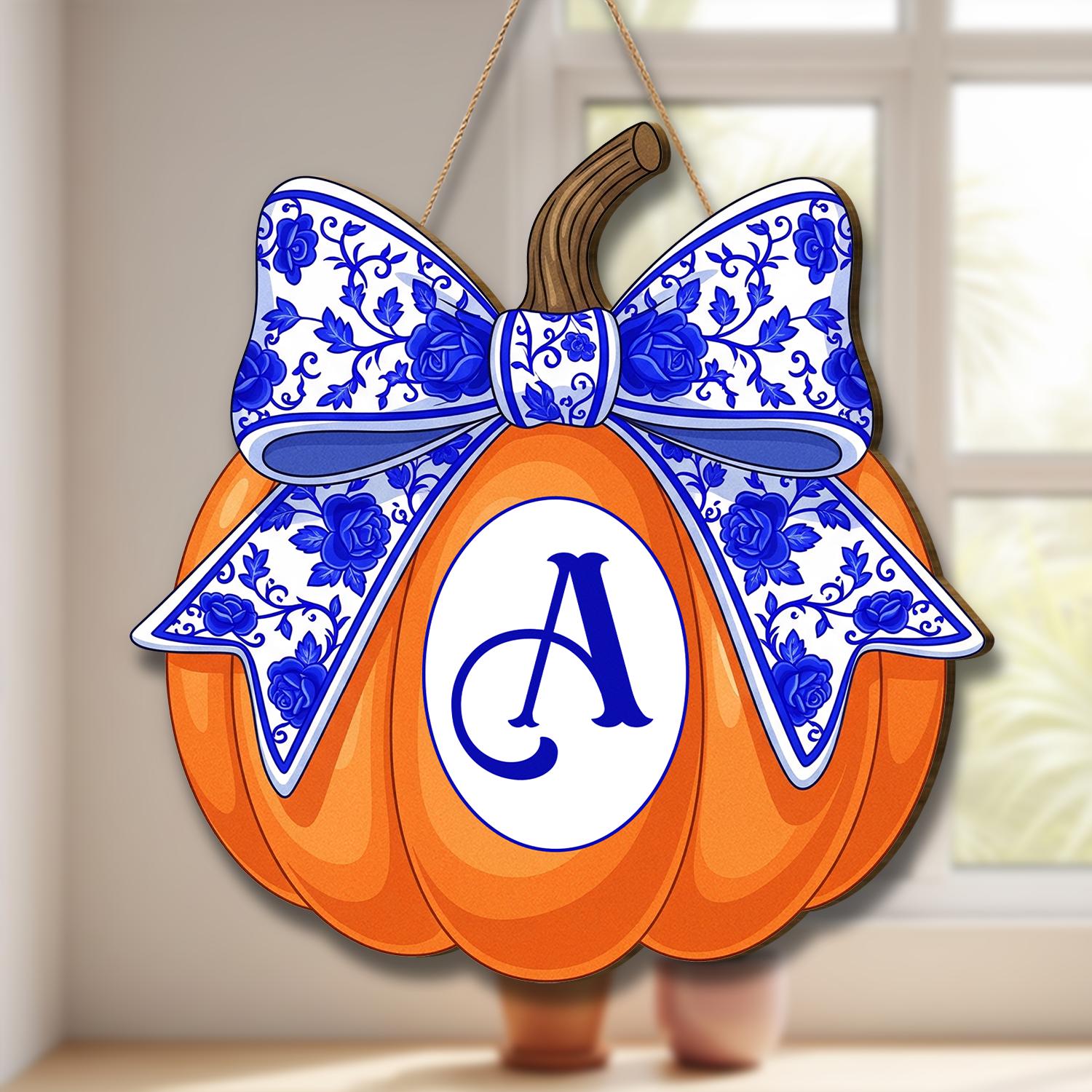 Wooden Pumpkin Door Hanger with Blue Floral Bow, Welcome Fall Porch Sign, Farmhouse Autumn Decor, Rustic Entryway Decoration,Fall Home Decor