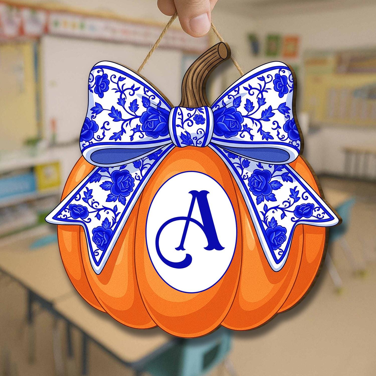 Wooden Pumpkin Door Hanger with Blue Floral Bow, Welcome Fall Porch Sign, Farmhouse Autumn Decor, Rustic Entryway Decoration,Fall Home Decor