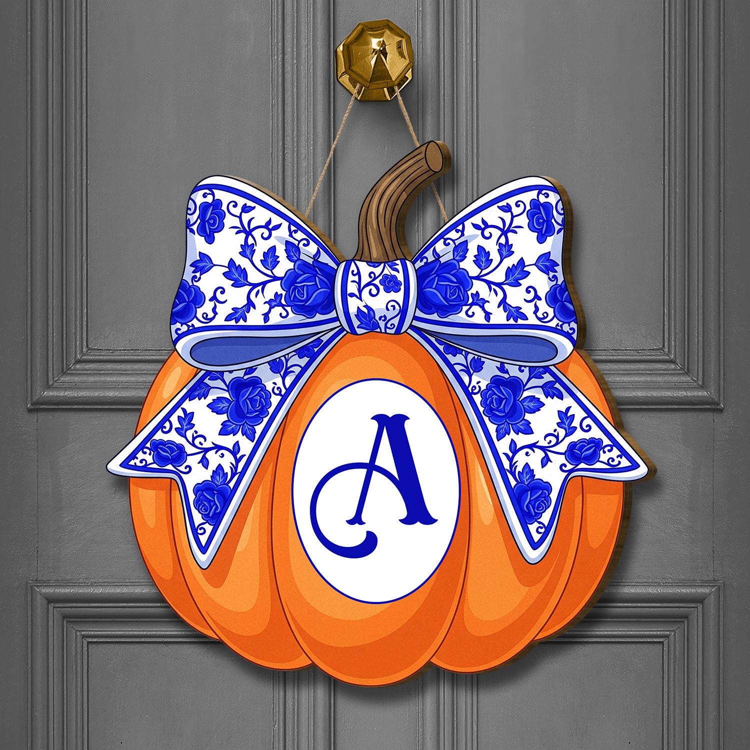 Wooden Pumpkin Door Hanger with Blue Floral Bow, Welcome Fall Porch Sign, Farmhouse Autumn Decor, Rustic Entryway Decoration,Fall Home Decor