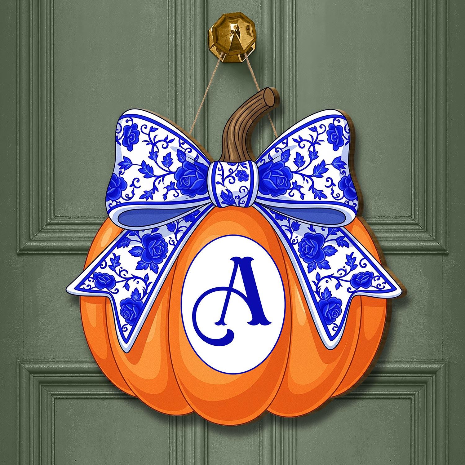 Wooden Pumpkin Door Hanger with Blue Floral Bow, Welcome Fall Porch Sign, Farmhouse Autumn Decor, Rustic Entryway Decoration,Fall Home Decor