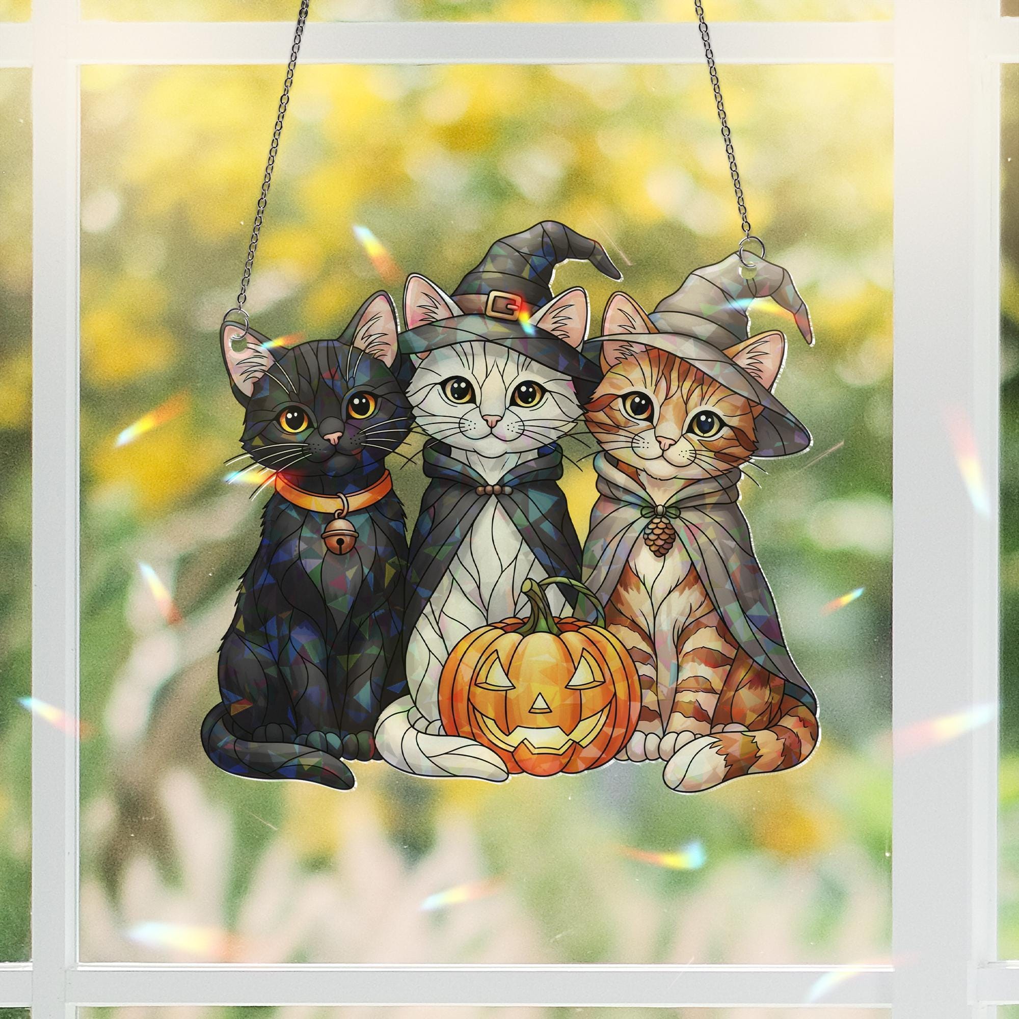 Witch Cats Holographic Window Hanging – Halloween Pumpkin Sun Catcher, Black Cat Witch Hat Gothic Fall Window Decor