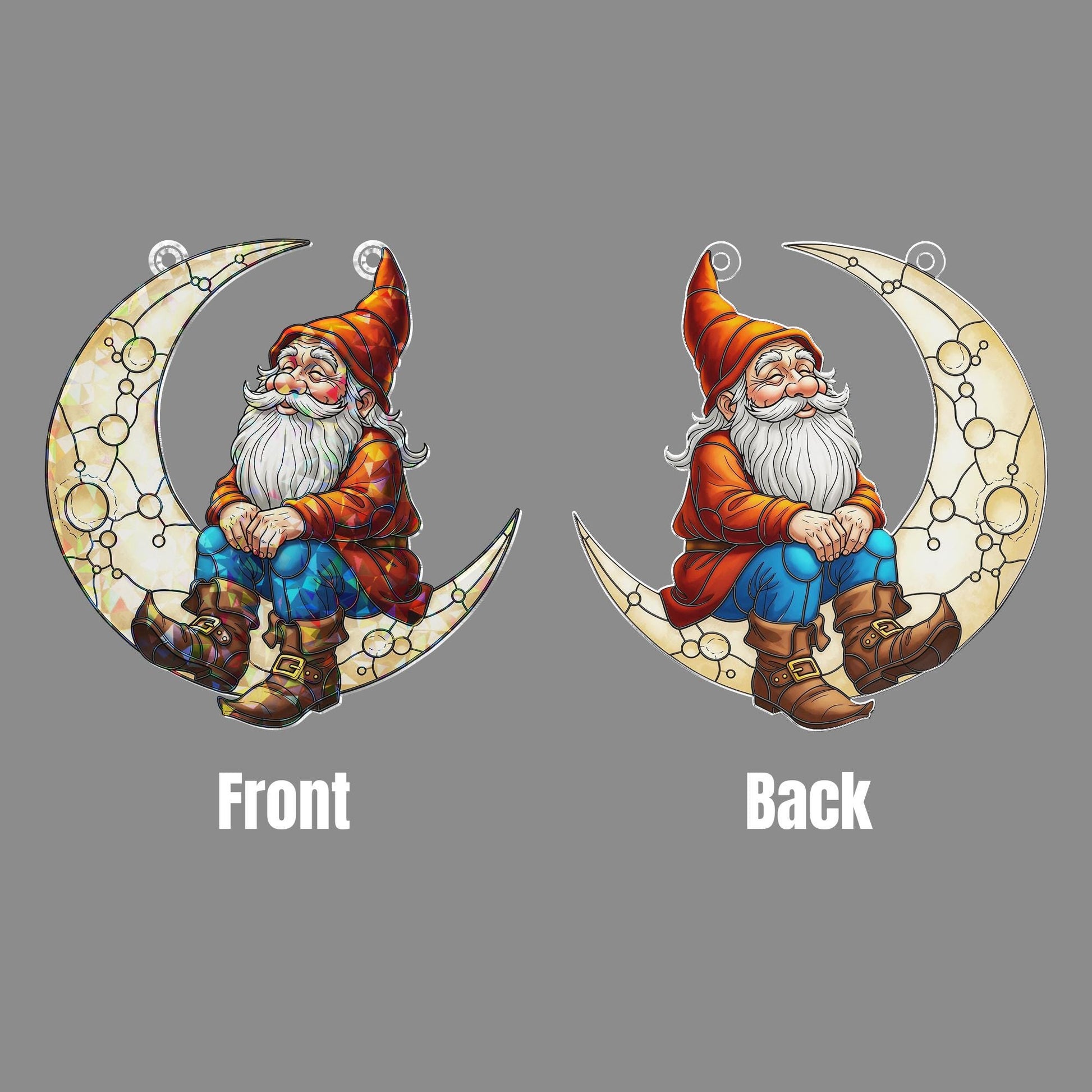 Gnome on Crescent Moon Holographic Window Hanging – Fantasy Garden Sun Catcher, Whimsical Gnome Night Sky Window Decor