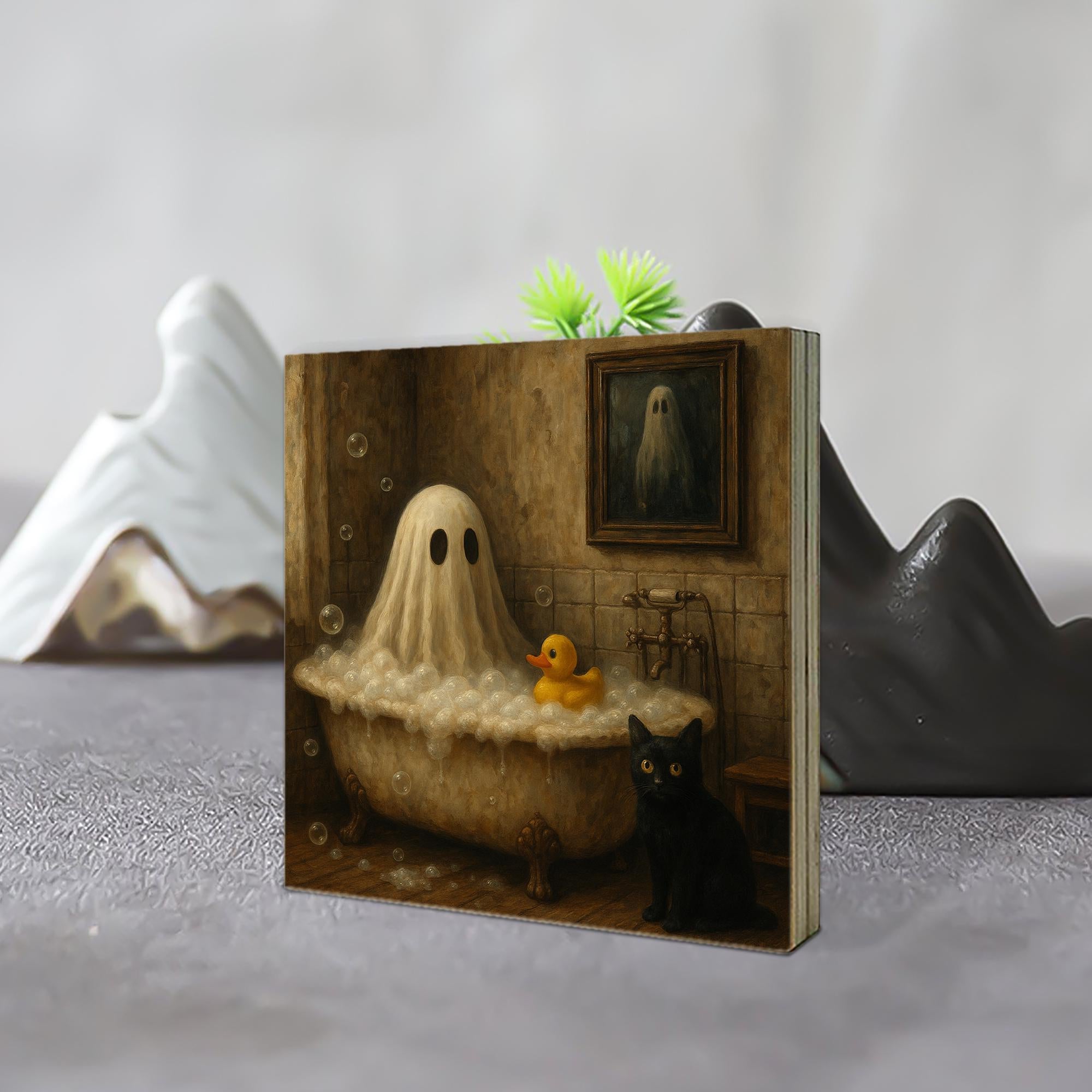 Bathtub Ghost Wood Block Sign – Funny Halloween Bathroom Decor with Cat & Rubber Duck – Spooky Cute sign for Fall Home