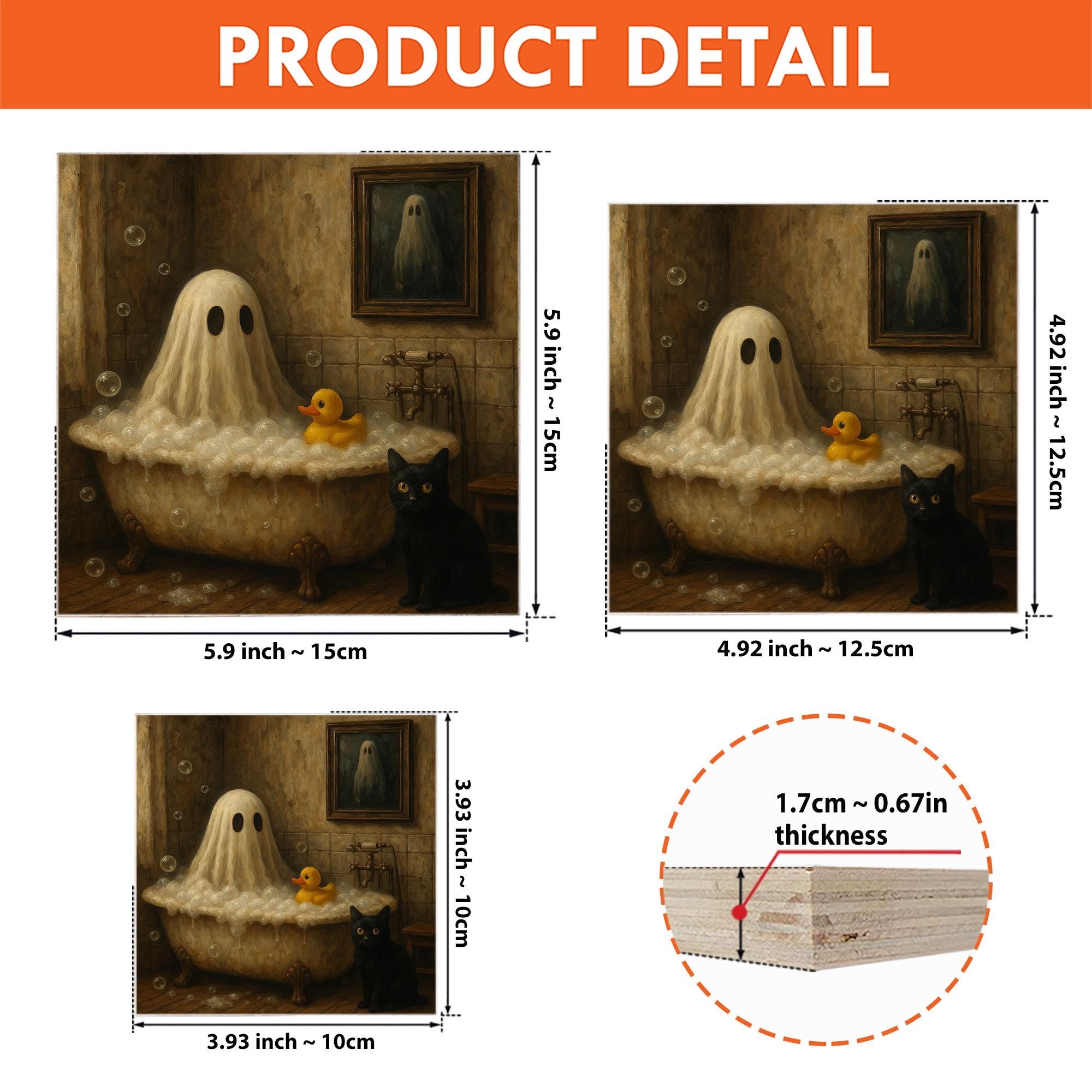 Bathtub Ghost Wood Block Sign – Funny Halloween Bathroom Decor with Cat & Rubber Duck – Spooky Cute sign for Fall Home
