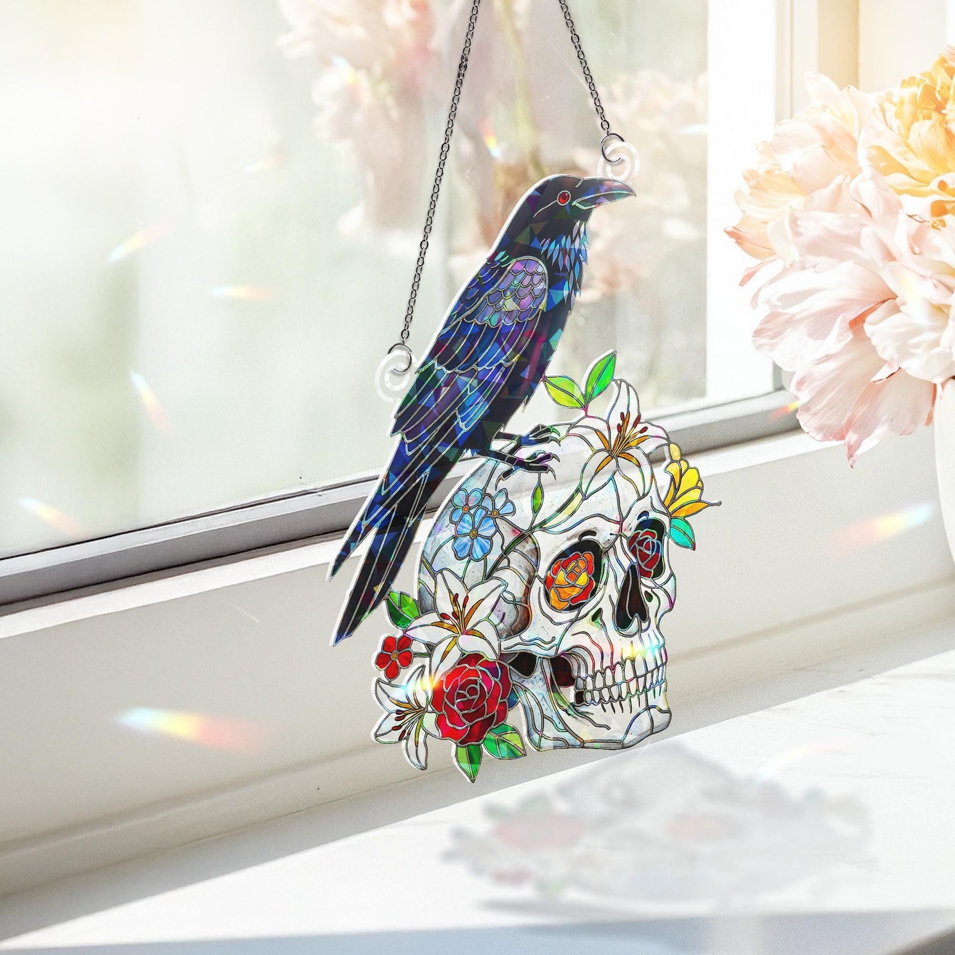 Raven & Skull Suncatcher – Holographic Acrylic Faux Stained Glass Window Decor – Gothic Crow and Floral Skull Halloween Hanging
