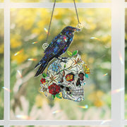 Raven & Skull Suncatcher – Holographic Acrylic Faux Stained Glass Window Decor – Gothic Crow and Floral Skull Halloween Hanging