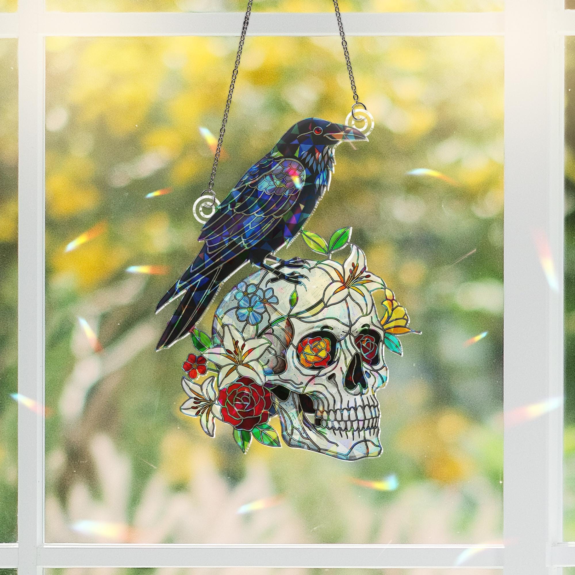 Raven & Skull Suncatcher – Holographic Acrylic Faux Stained Glass Window Decor – Gothic Crow and Floral Skull Halloween Hanging
