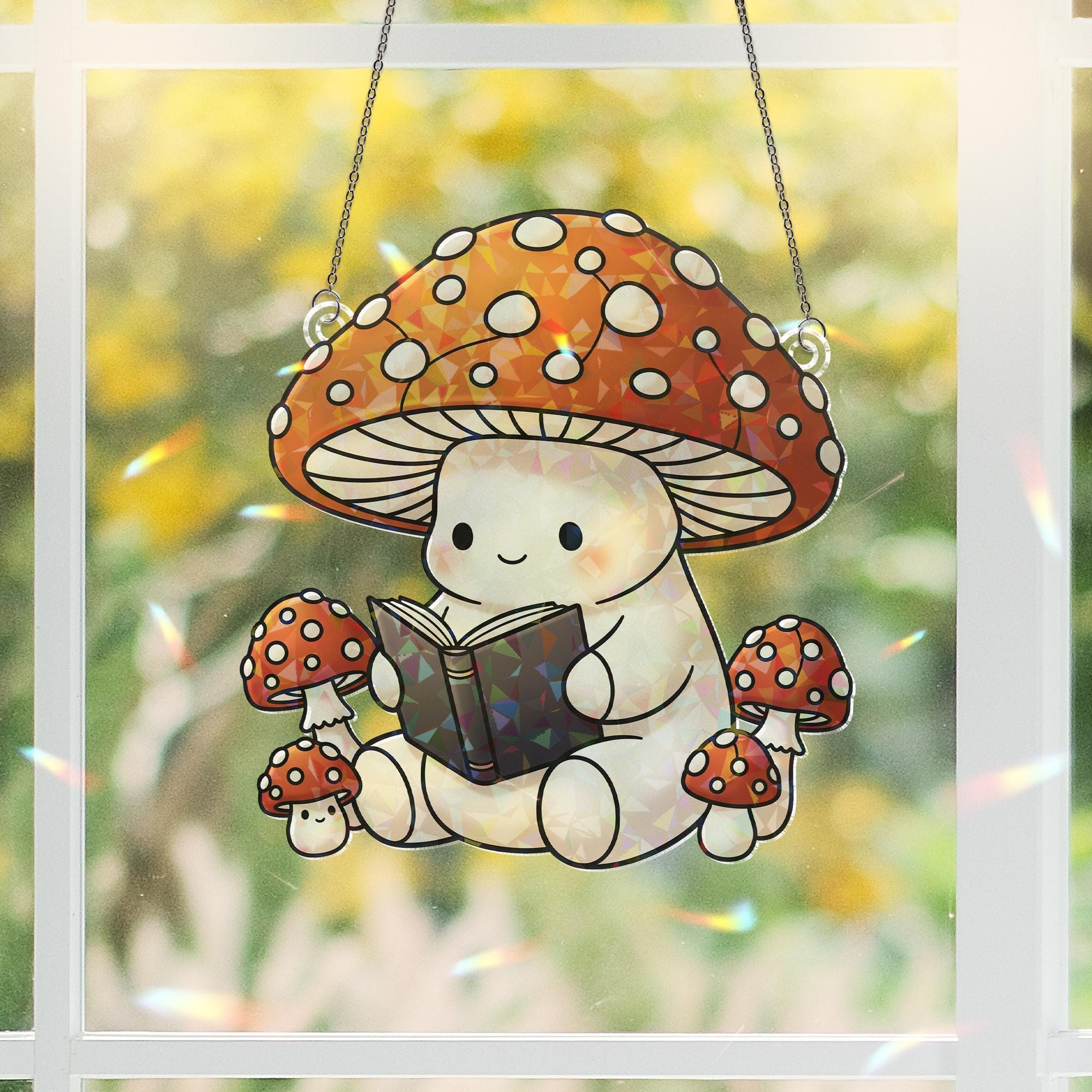Reading Mushroom Holographic Window Hanging – Cute Toadstool Sun Catcher, Cottagecore Fairycore Mushroom Decor for Windows