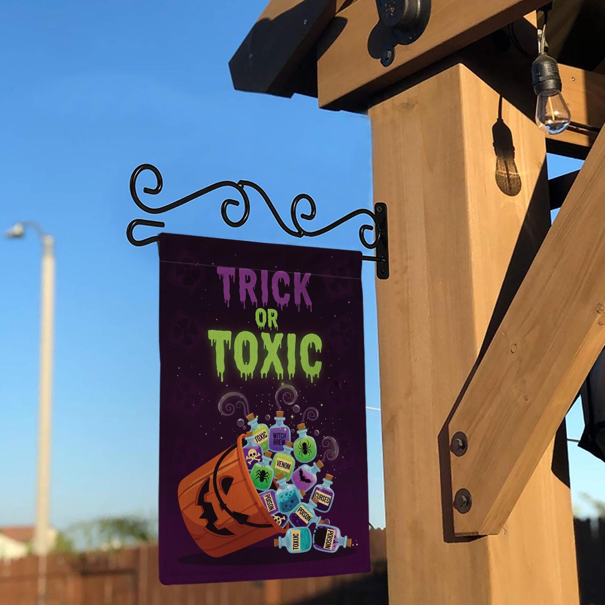 Trick or Toxic Halloween Garden Flag, Spooky Pumpkin Poison Bottle Yard Decor, Funny Outdoor Fall Decoration