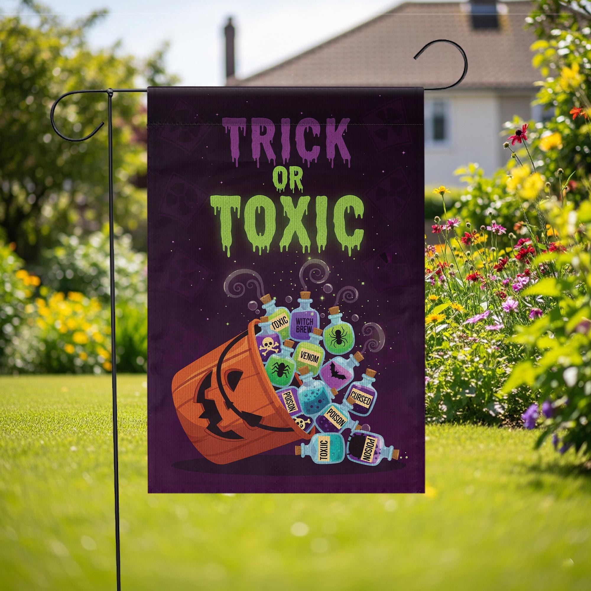 Trick or Toxic Halloween Garden Flag, Spooky Pumpkin Poison Bottle Yard Decor, Funny Outdoor Fall Decoration
